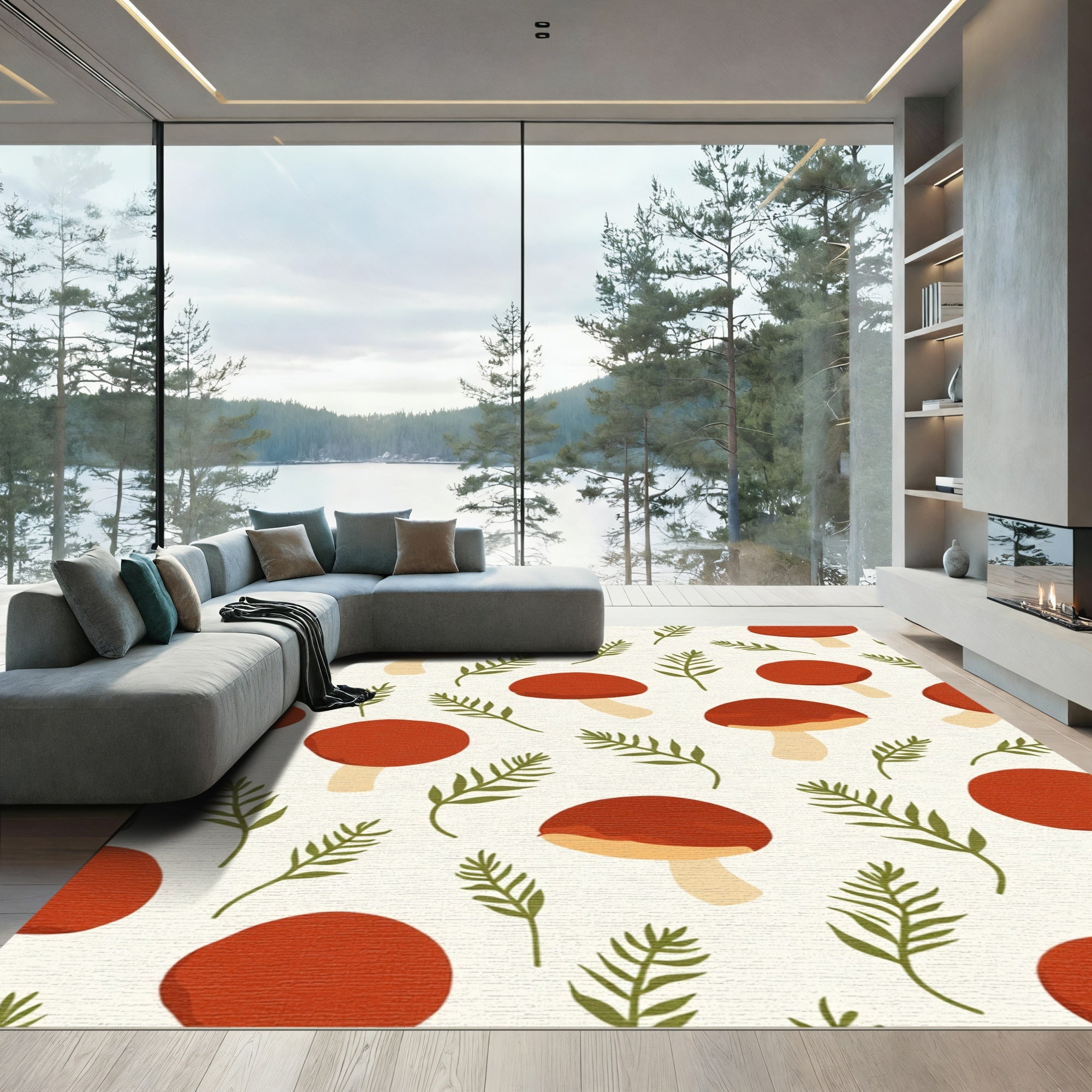 Crimson Mushroom Fern Pattern Rug
