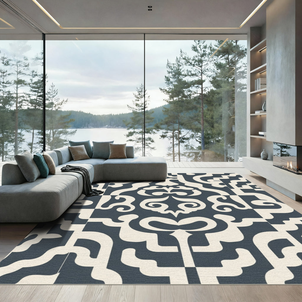 Deep Blue Cream Baroque Scroll Rug