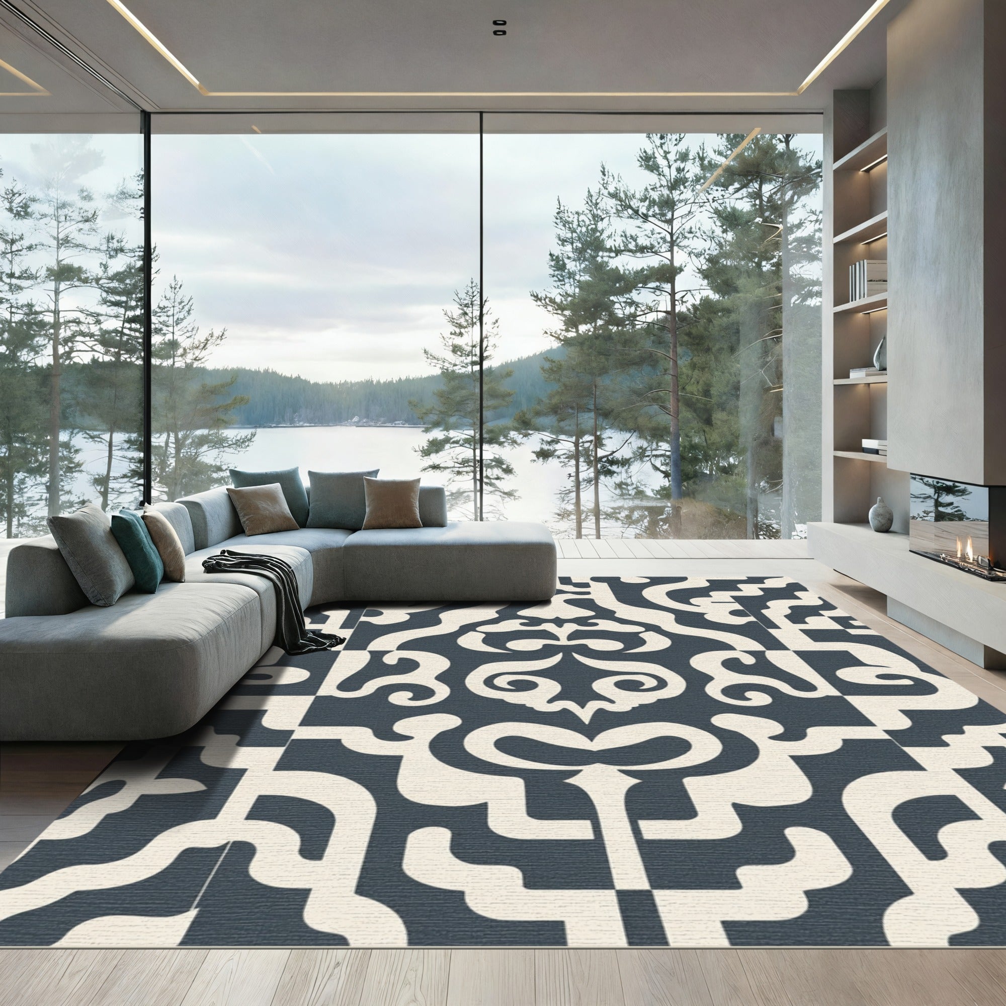 Deep Blue Cream Baroque Scroll Rug