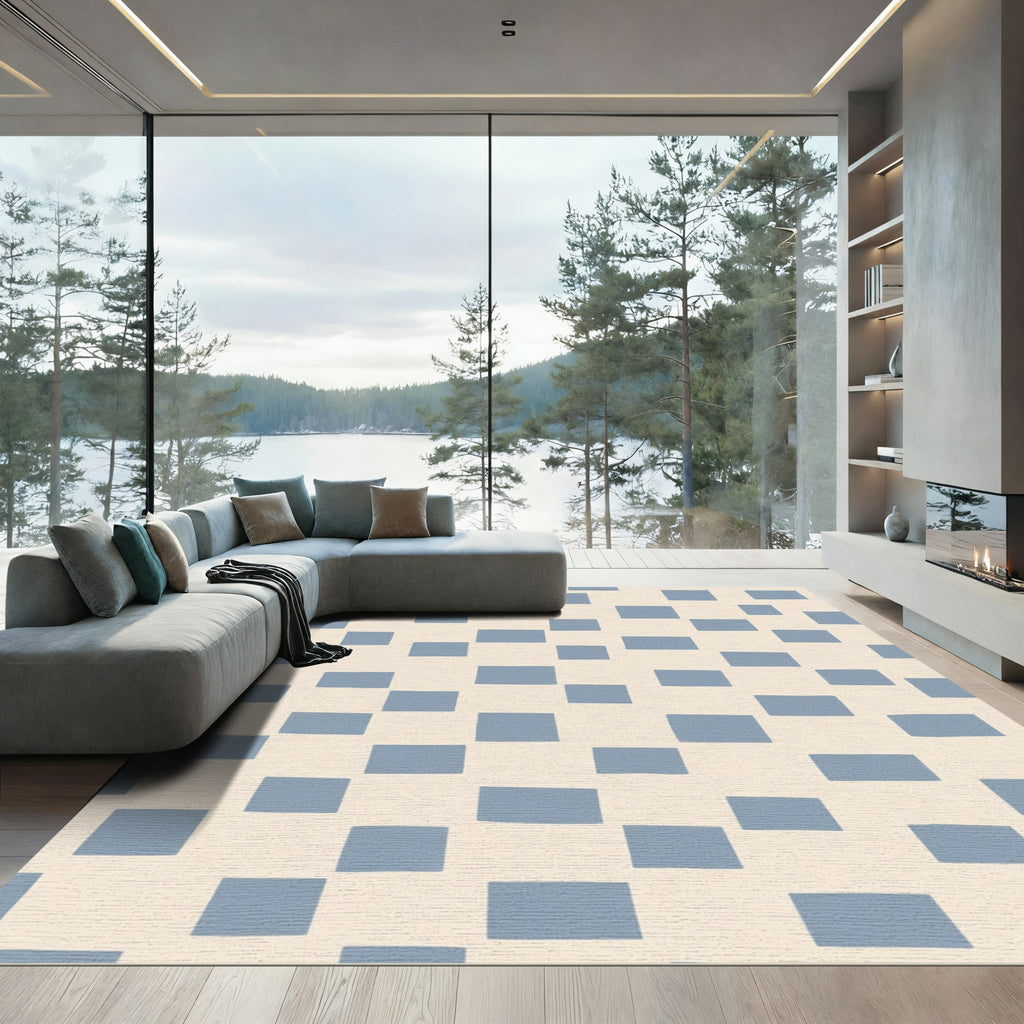 Soft Blue Hand Drawn Grid Rug