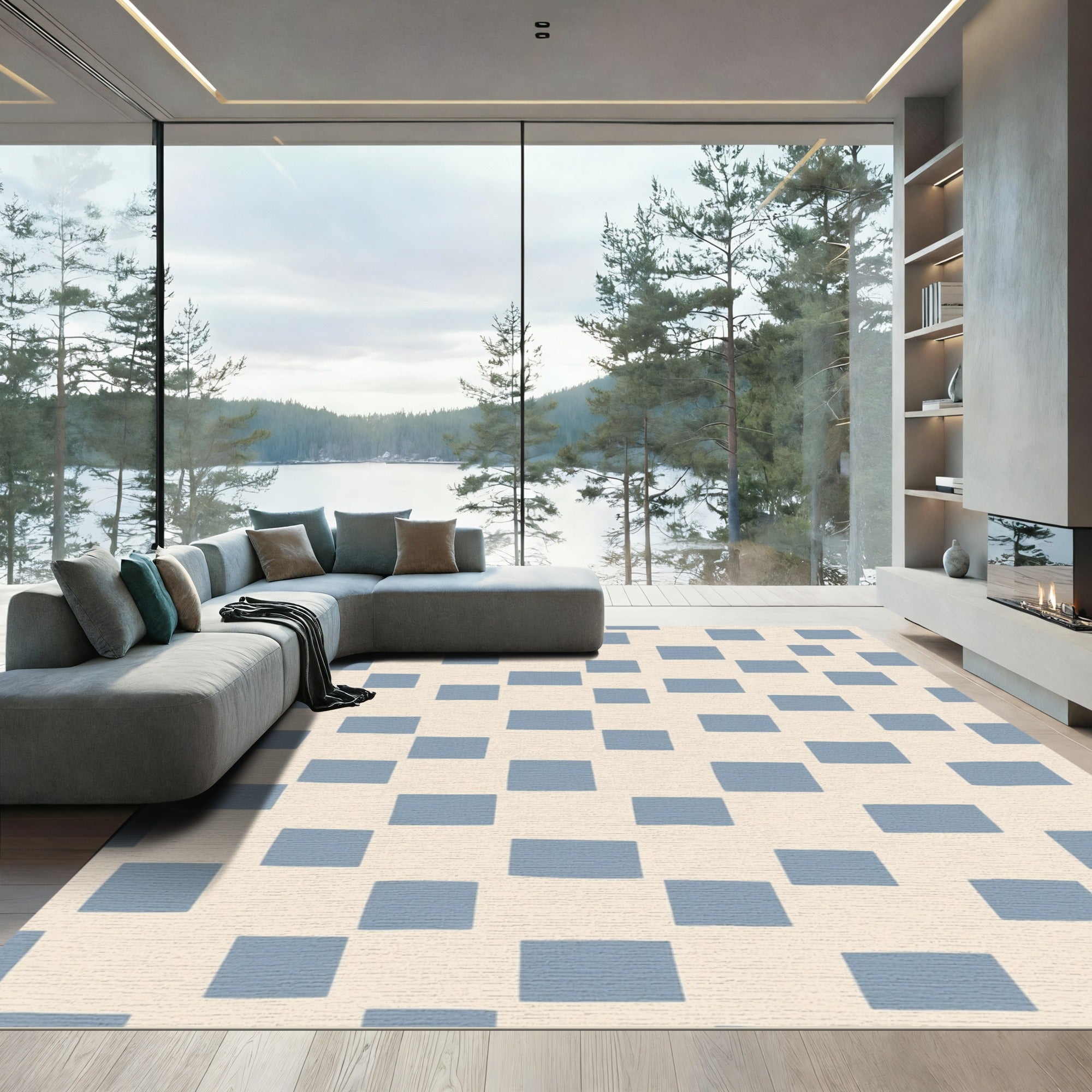 Soft Blue Hand Drawn Grid Rug