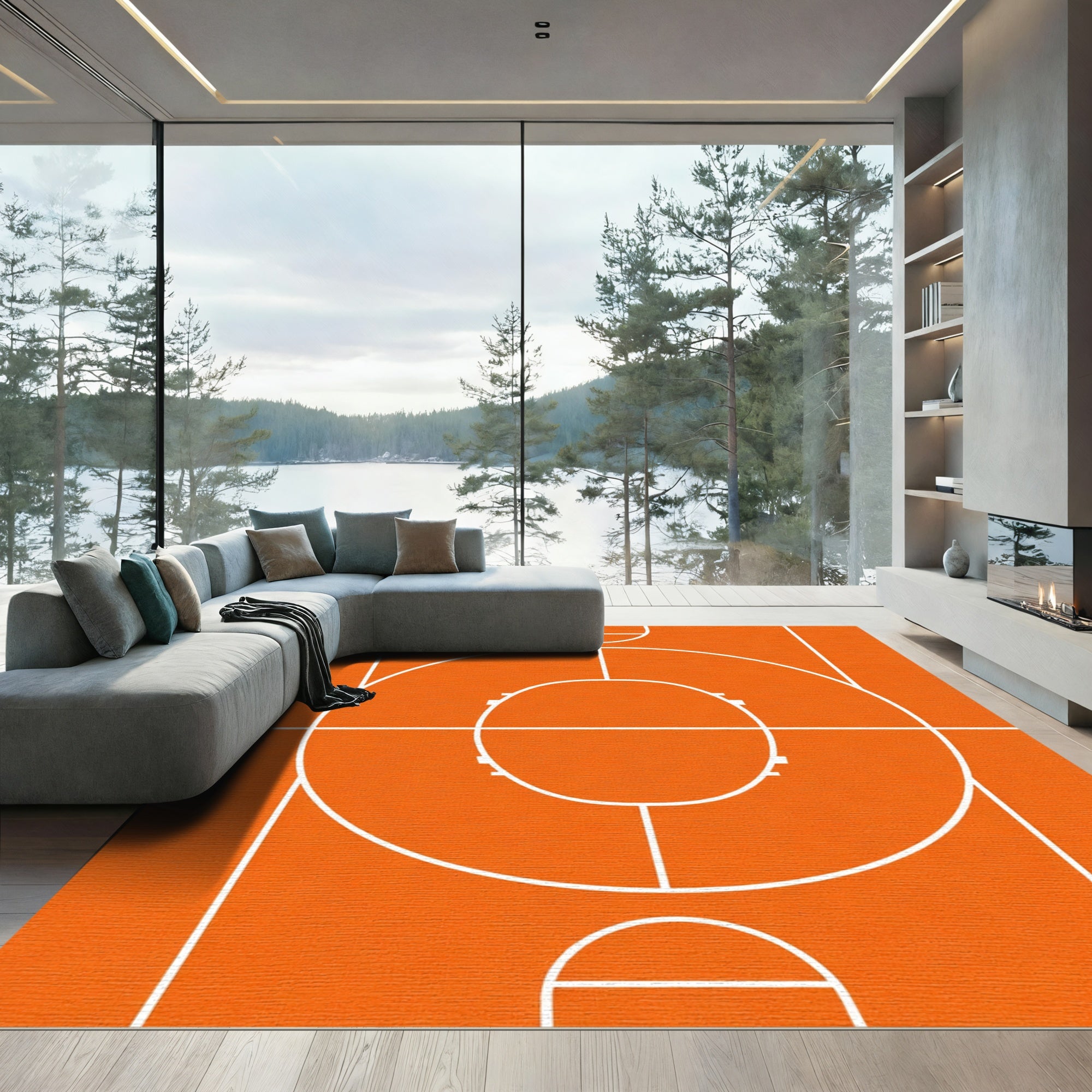 Vibrant Orange Hoop Court Graphic Rug