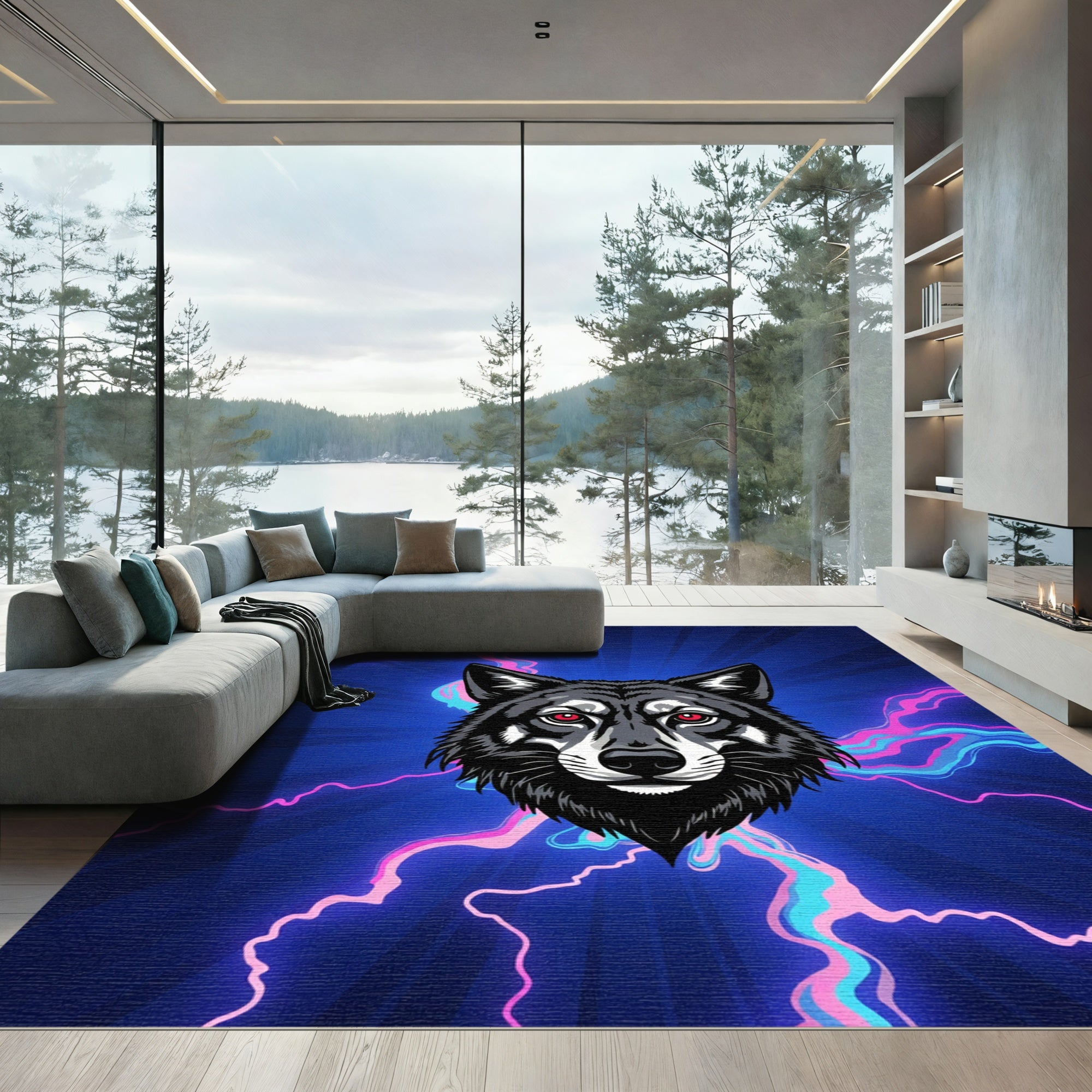 Glowing Wolf With Electric Neon Lightning Rug