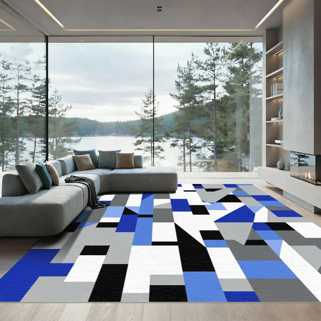 Abstract Blue Gray Geometric Blocks Rug