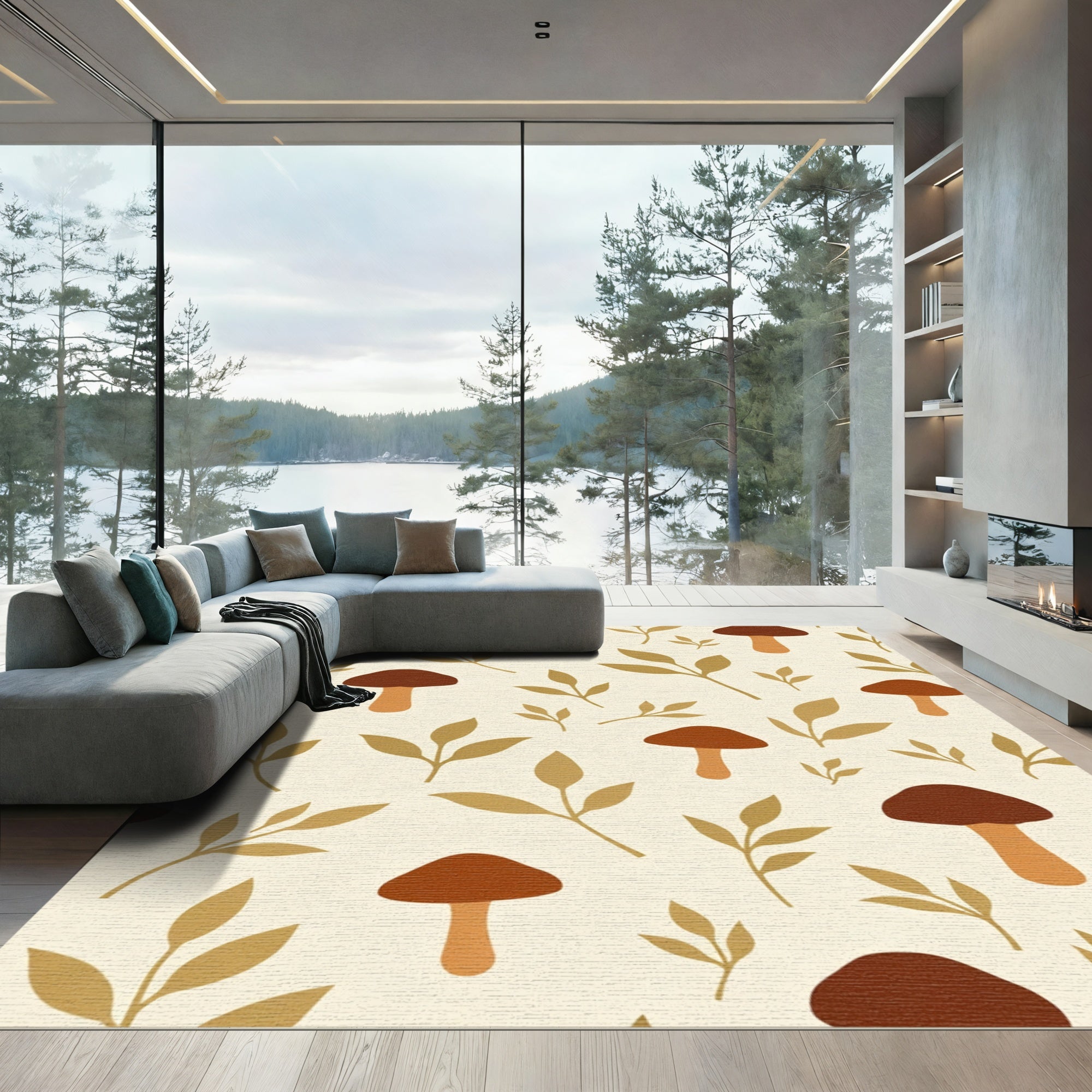 Earthy Mushroom and Leaf Scatter Rug