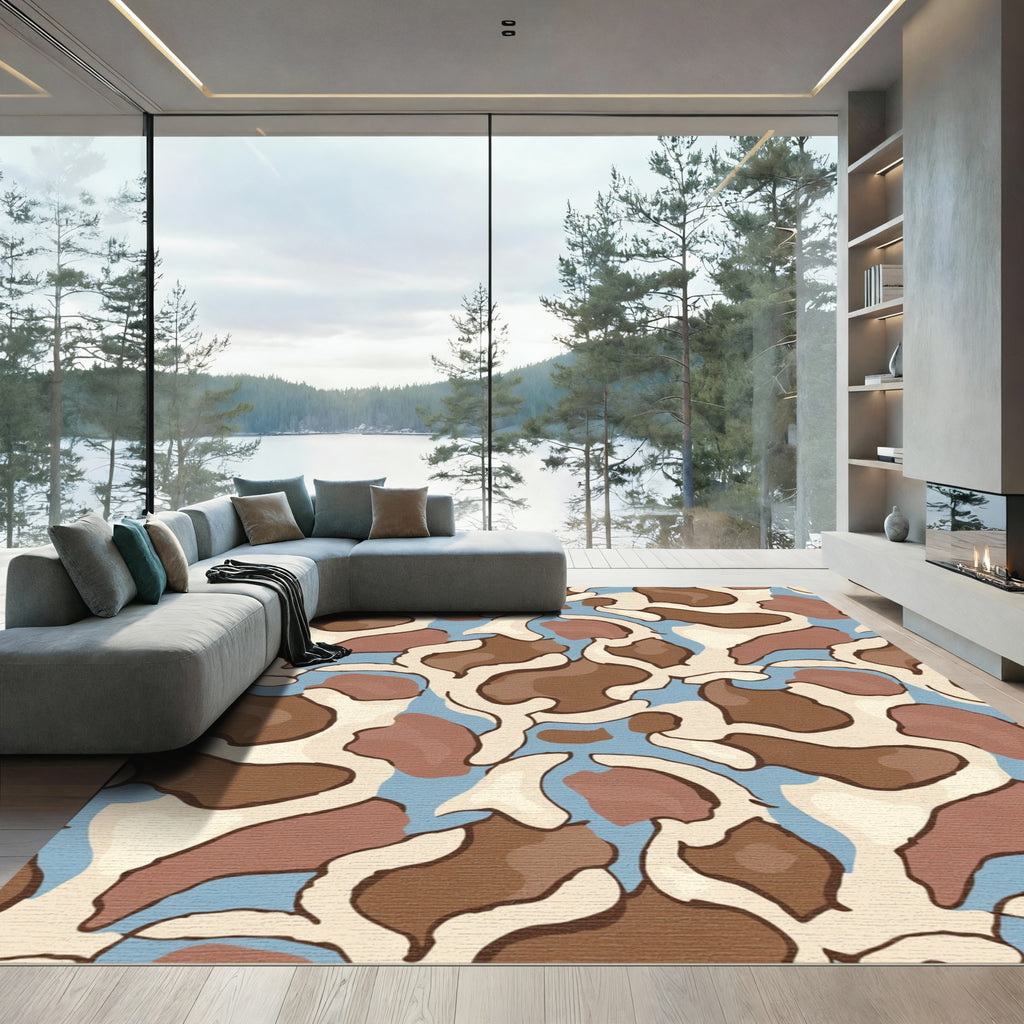 Brown Tan Blue Abstract Camouflage Rug