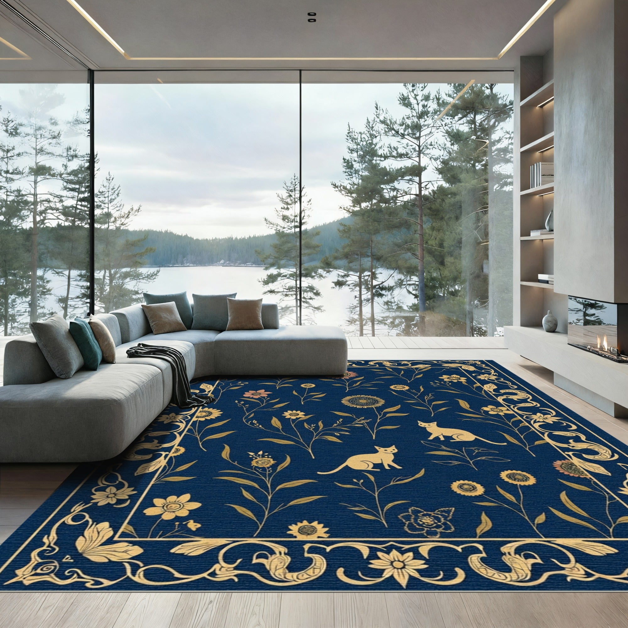 Golden Feline Floral Border Navy Rug