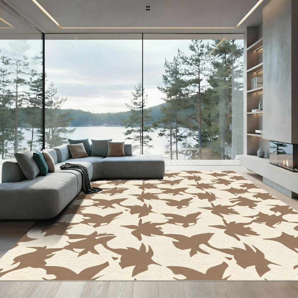 Cream Brown Abstract Leafy Swirl Rug