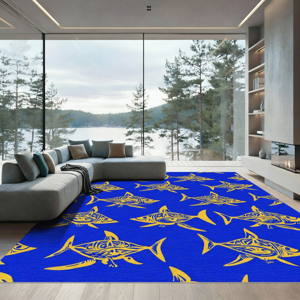 Golden Tribal Shark Blue Area Rug