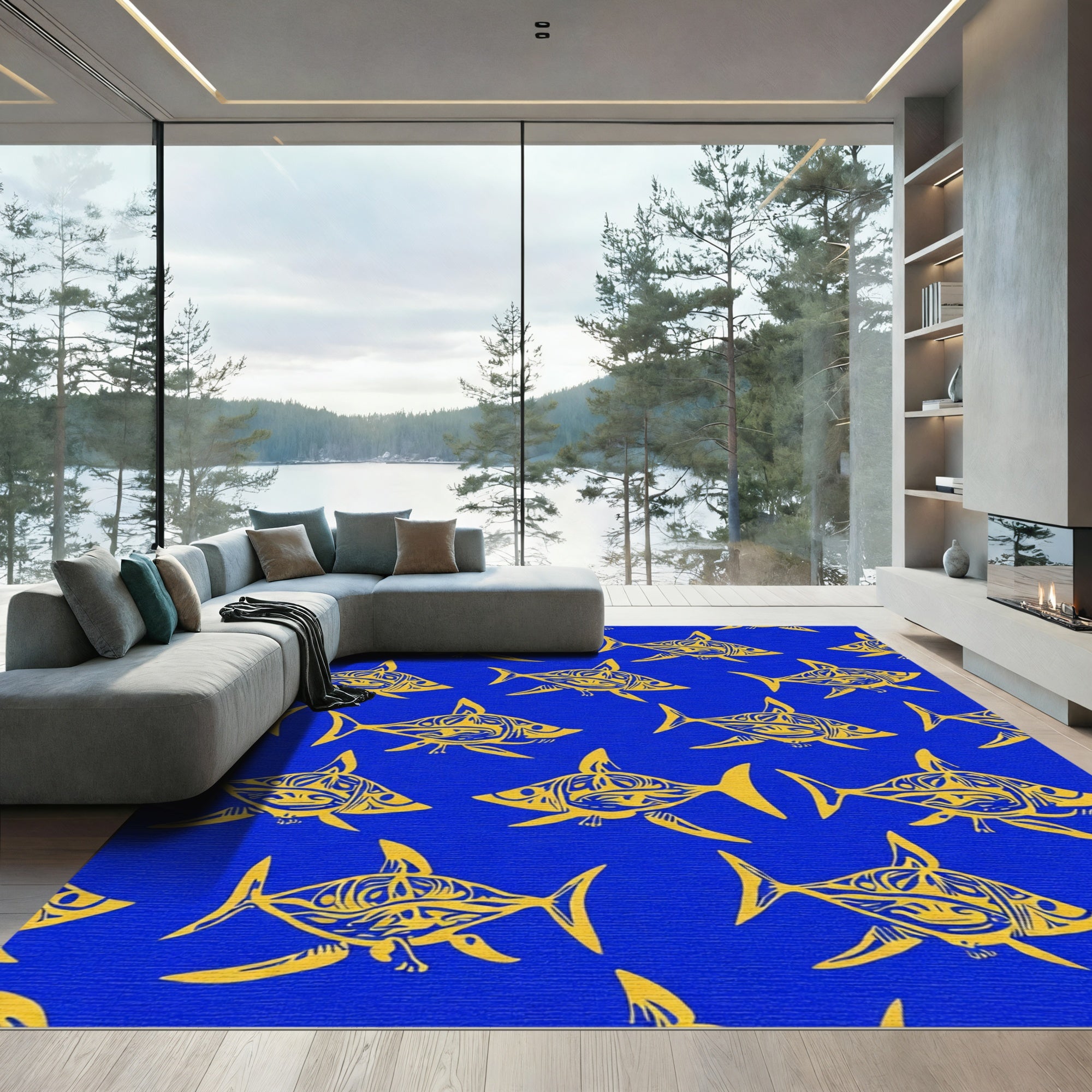 Golden Tribal Shark Blue Area Rug