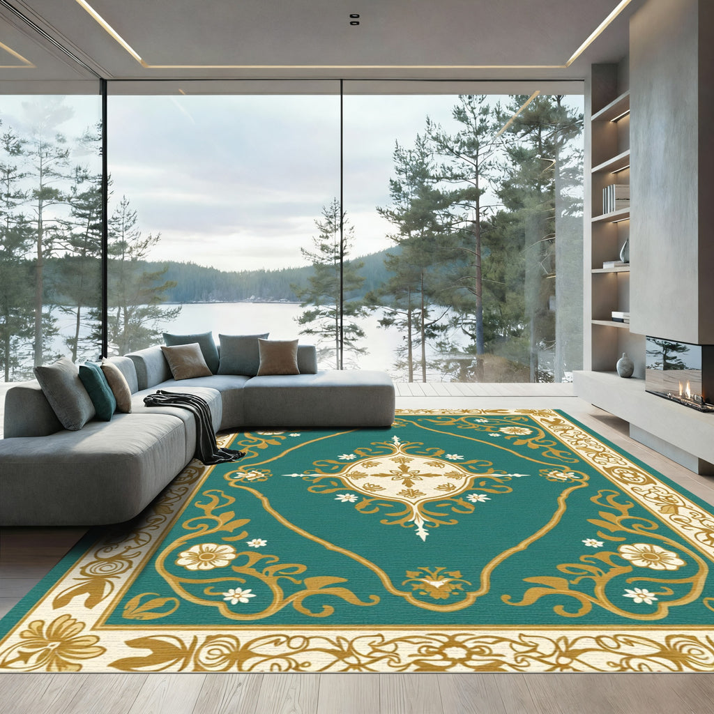 Teal Gold Floral Medallion Border Rug