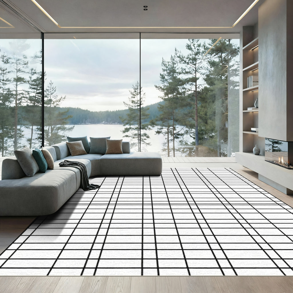 Classic Black White Grid Lines Rug
