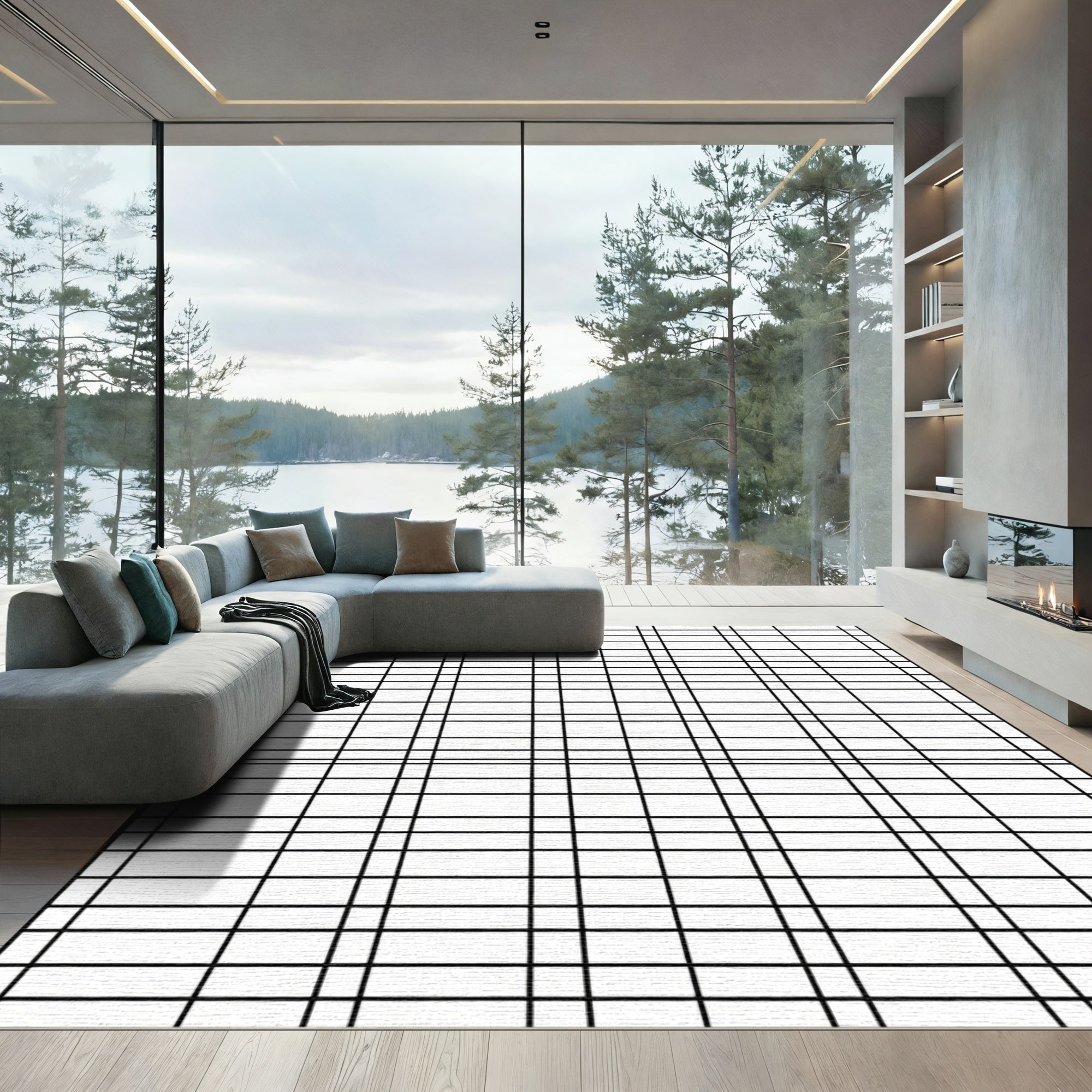 Classic Black White Grid Lines Rug