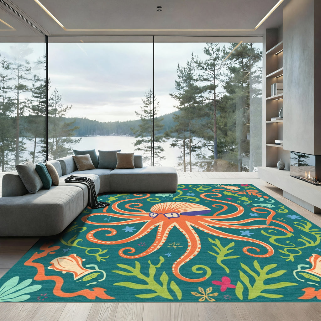Whimsical Octopus Garden Teal Rug