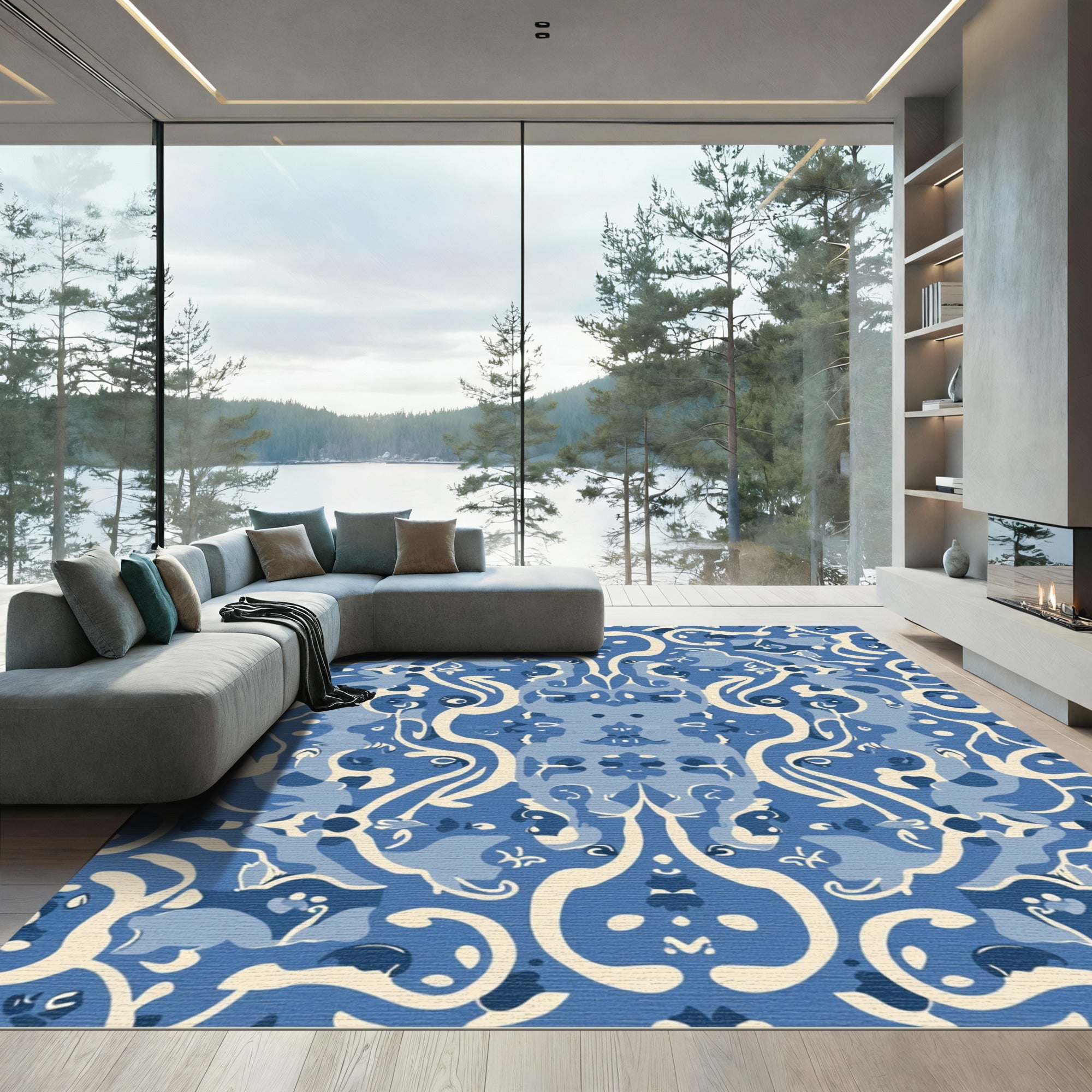 Blue Cream Abstract Symmetry Scroll Rug