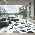Navy Floral Vines Cream Background Rug
