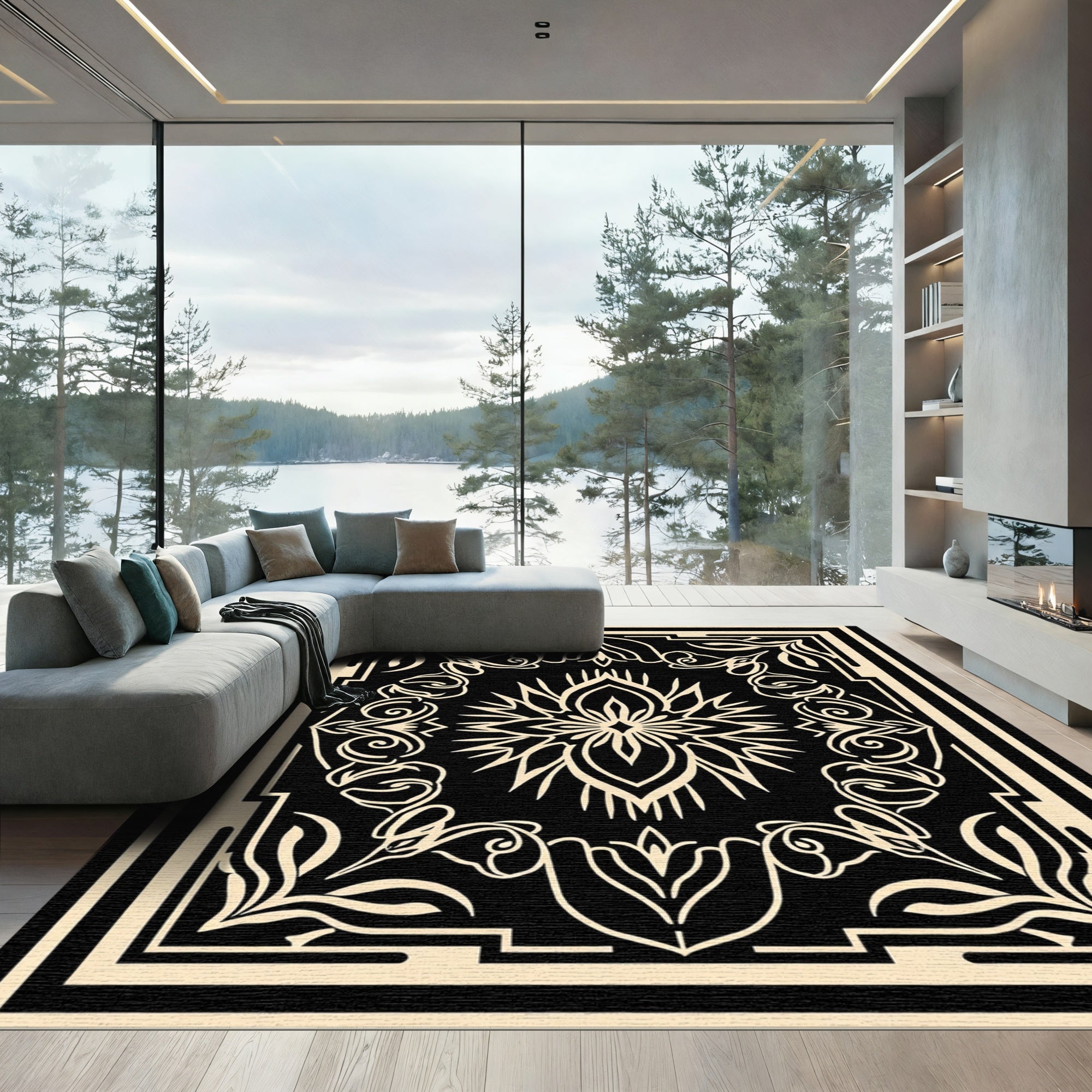 Black Cream Floral Intricate Border Rug