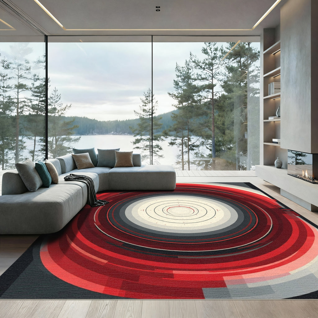Modern Red Concentric Circles Rug