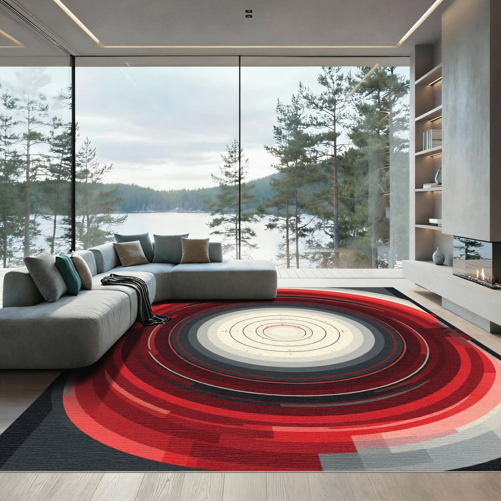 Modern Red Concentric Circles Rug
