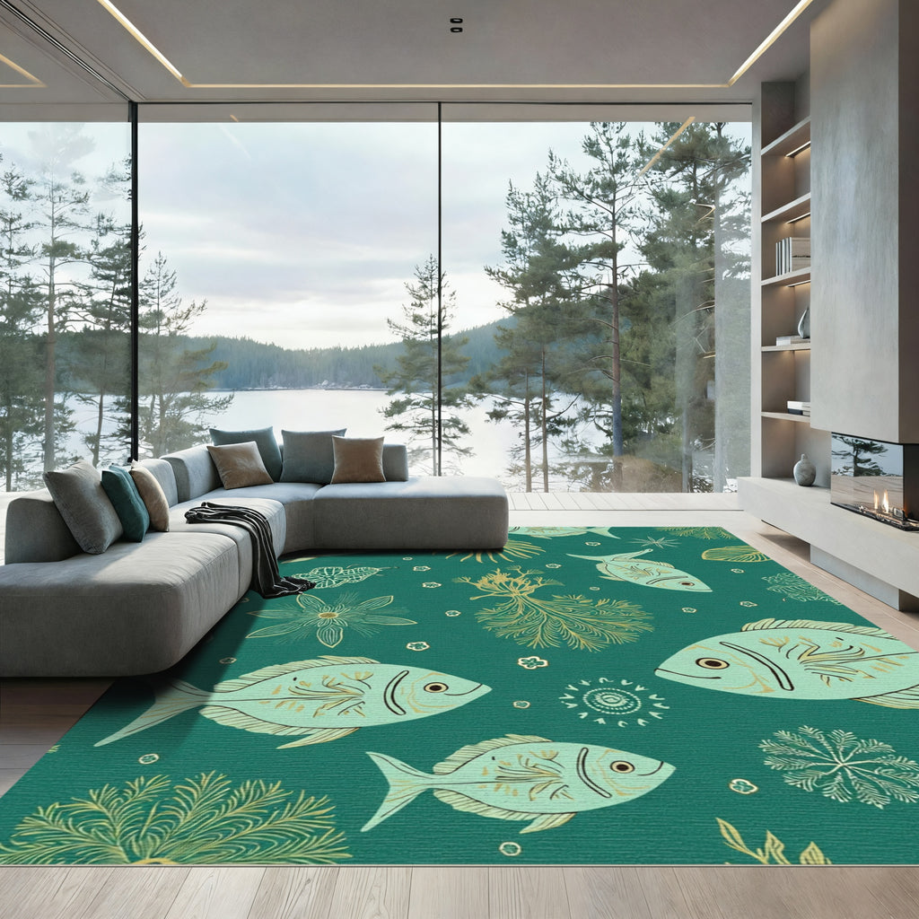 Teal Gold Underwater Fish Coral Rug