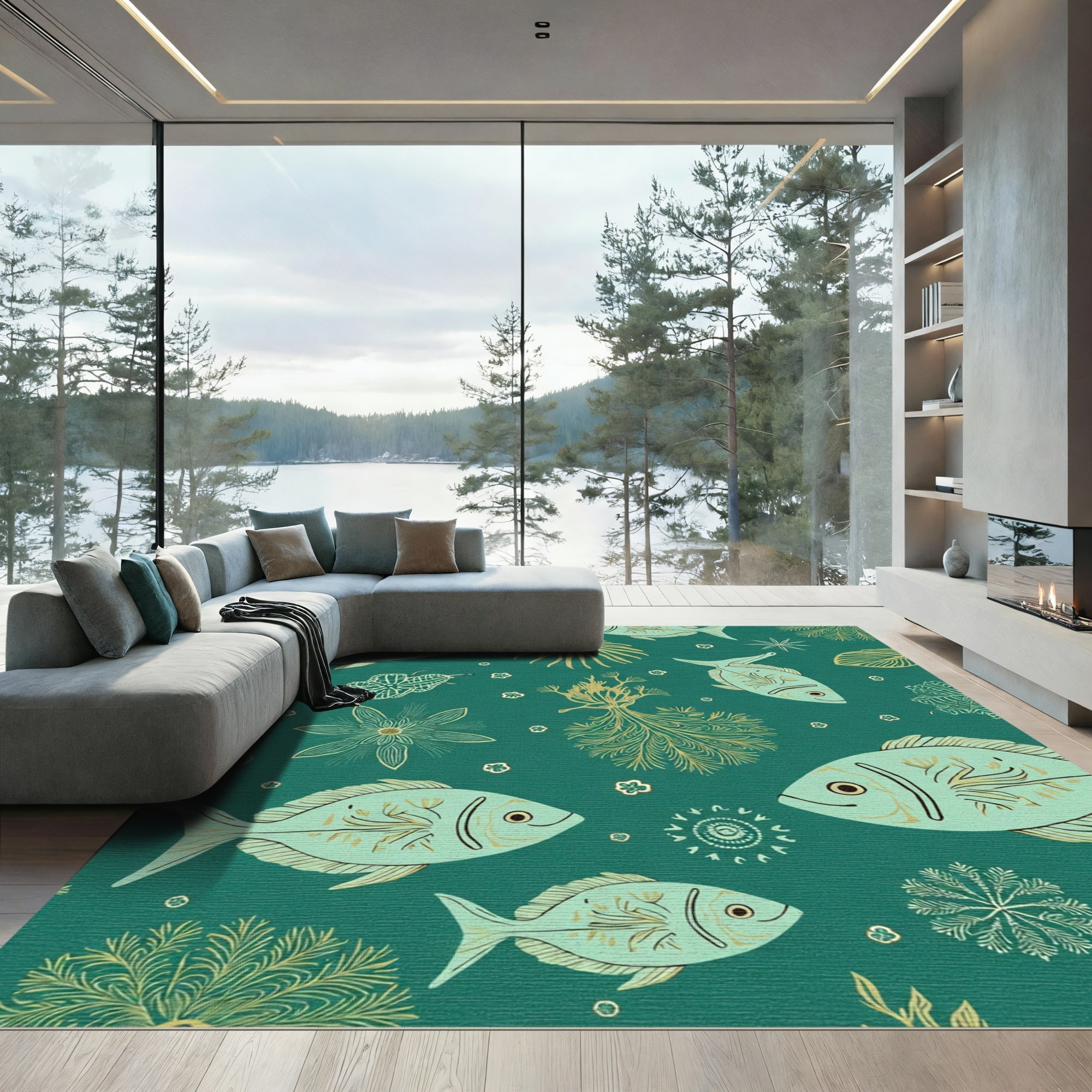 Teal Gold Underwater Fish Coral Rug