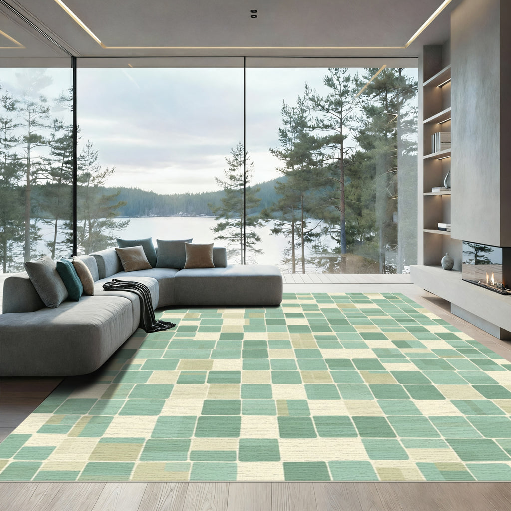 Mint Green Cream Tile Mosaic Rug