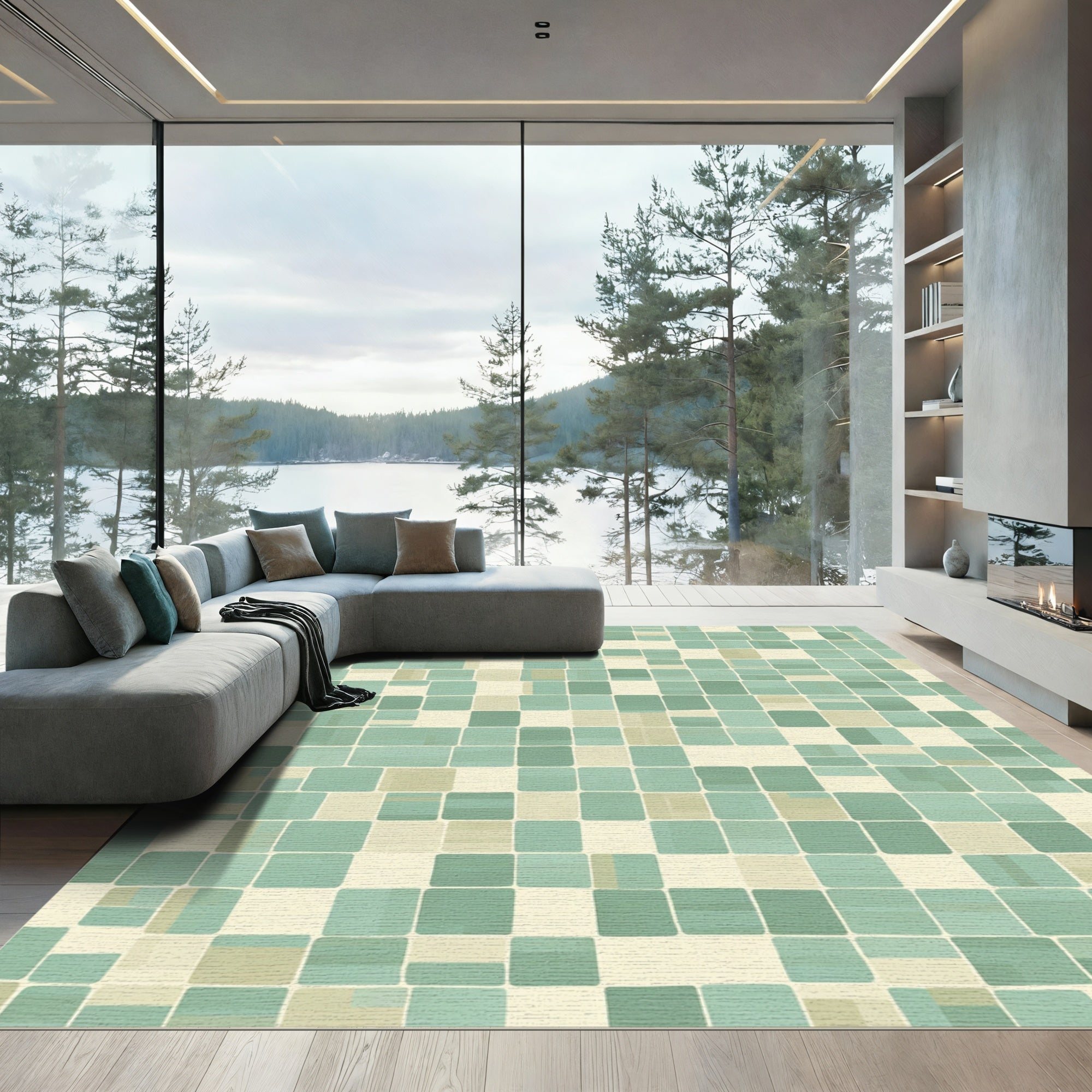Mint Green Cream Tile Mosaic Rug