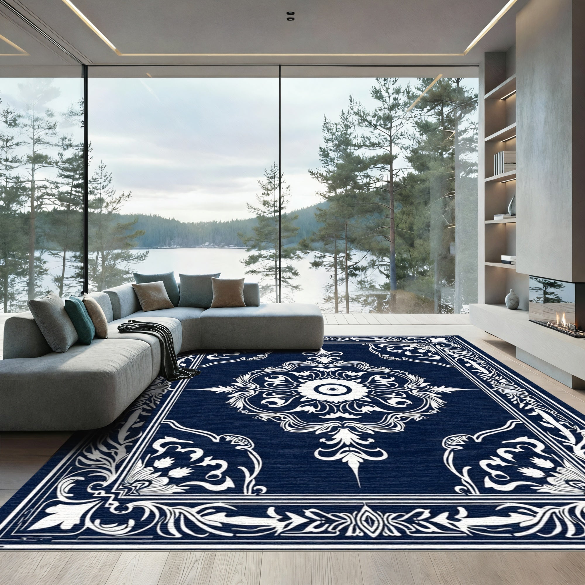 Navy White Floral Intricate Border Rug