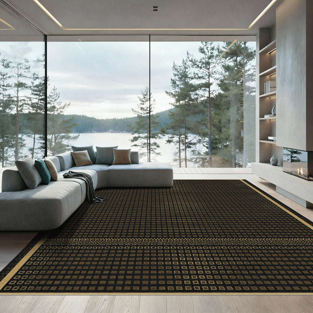 Gold Square Grid Border Rug