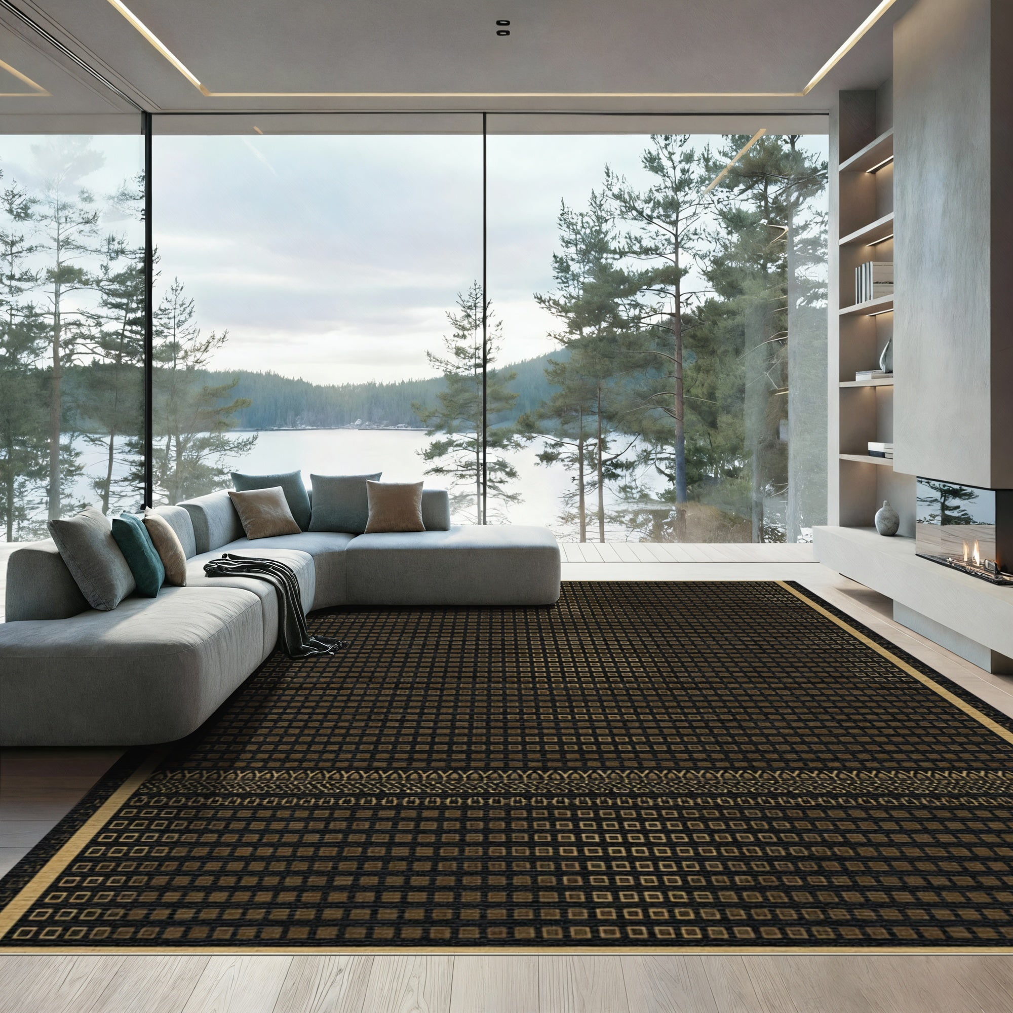 Gold Square Grid Border Rug