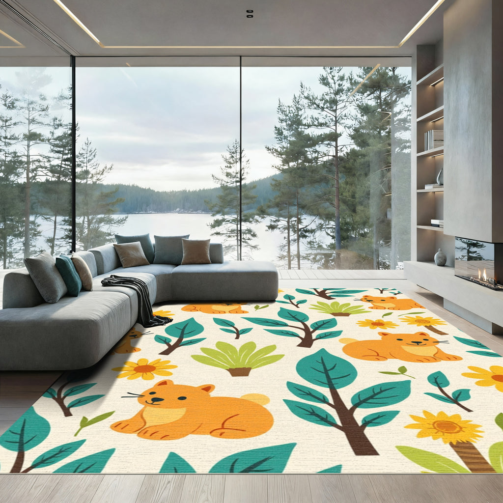 Cute Orange Kittens Yellow Flowers Foliage Rug