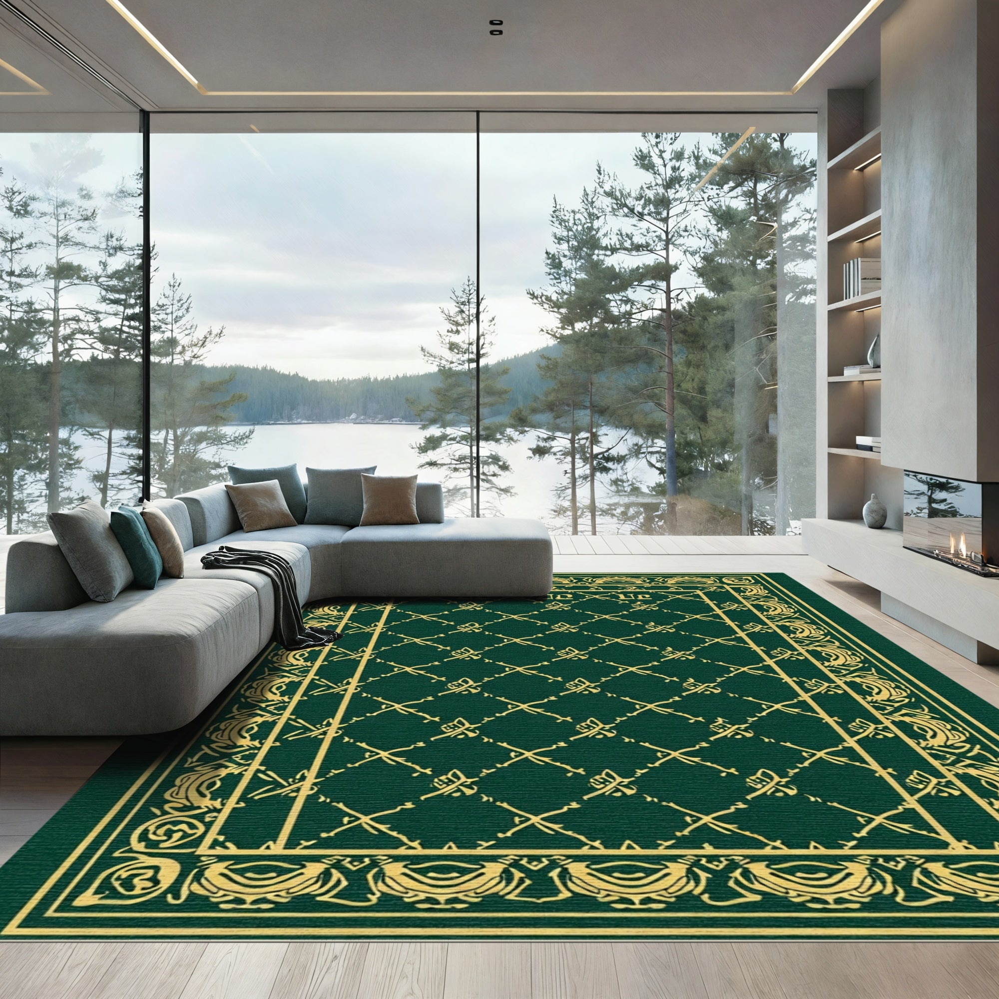 Emerald Gold Ornate Border Diamond Rug