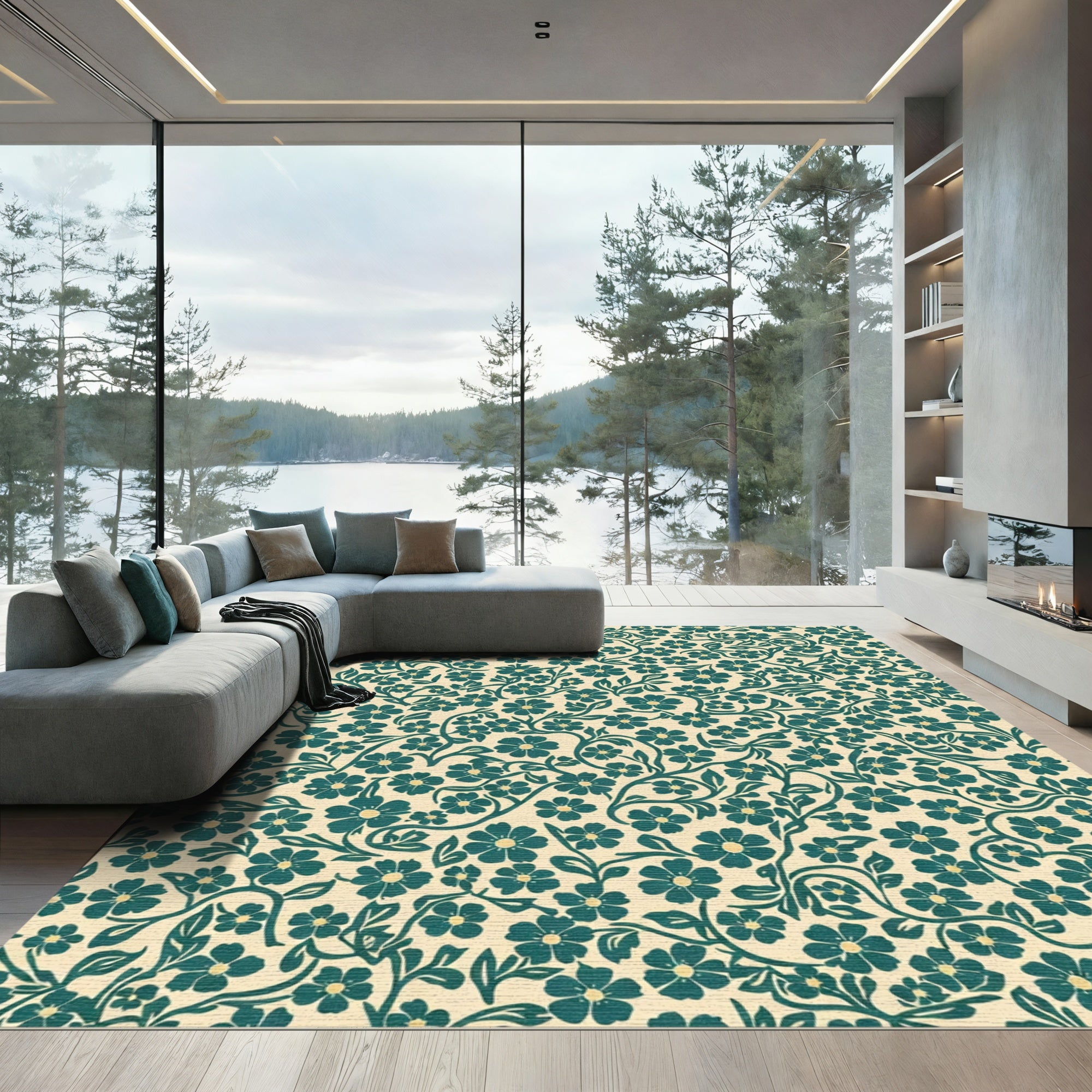 Teal Floral Vine Garden Rug