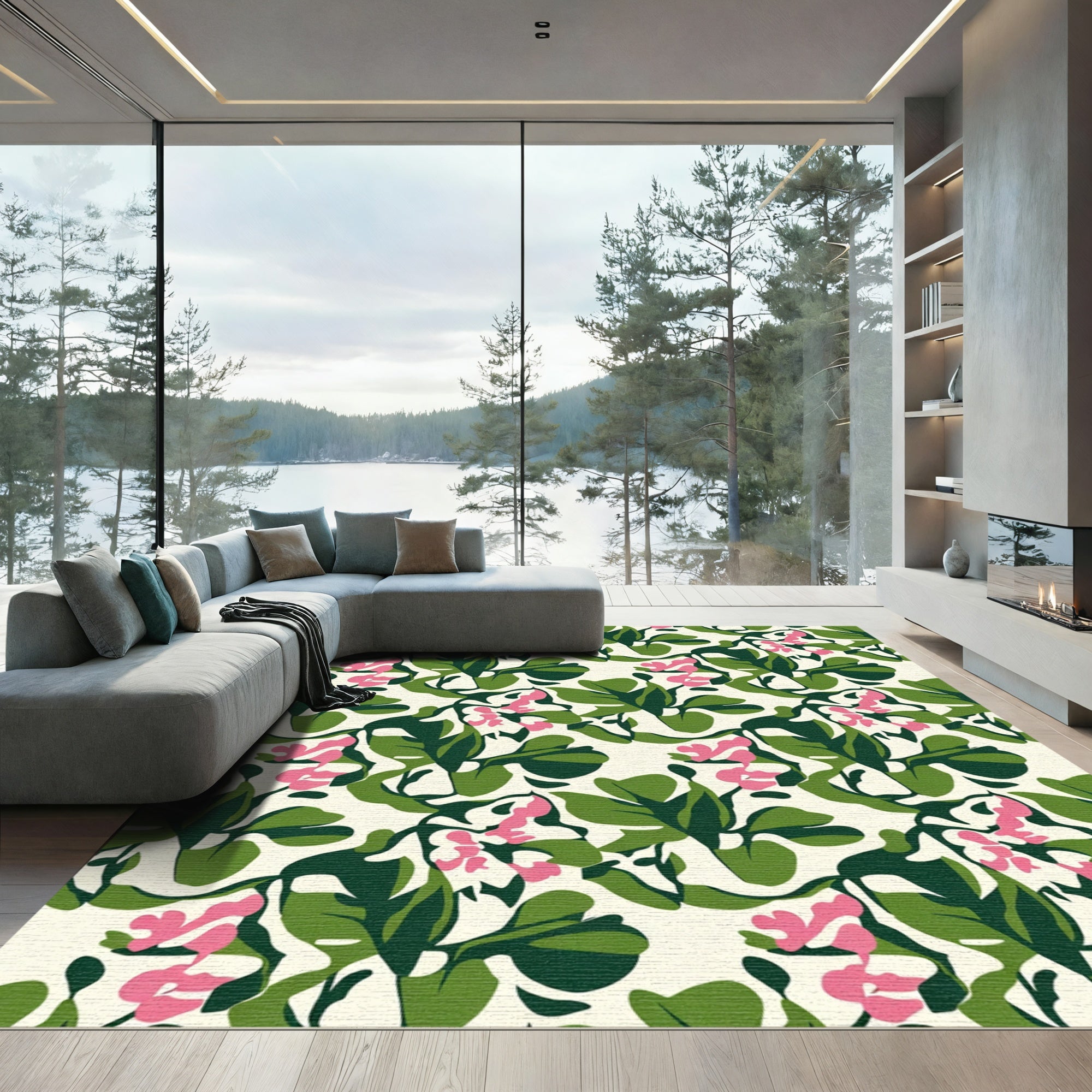 Whimsical Pink Flower Garden Foliage Rug
