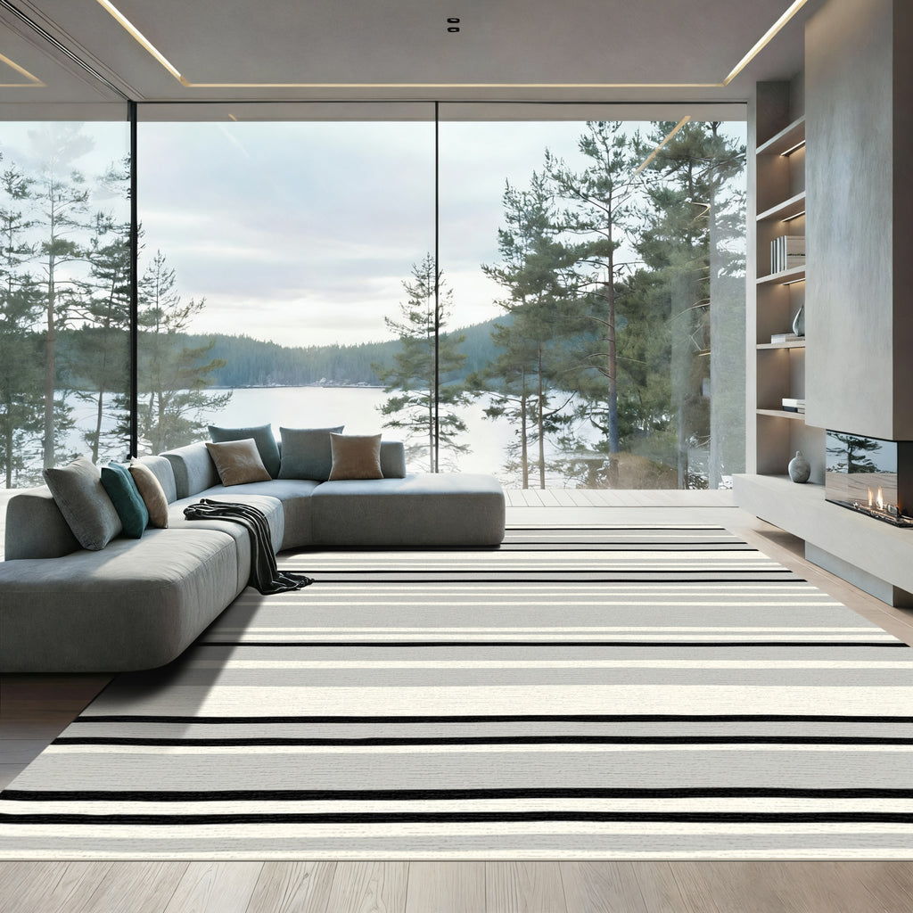 Modern Gray Black White Stripe Rug