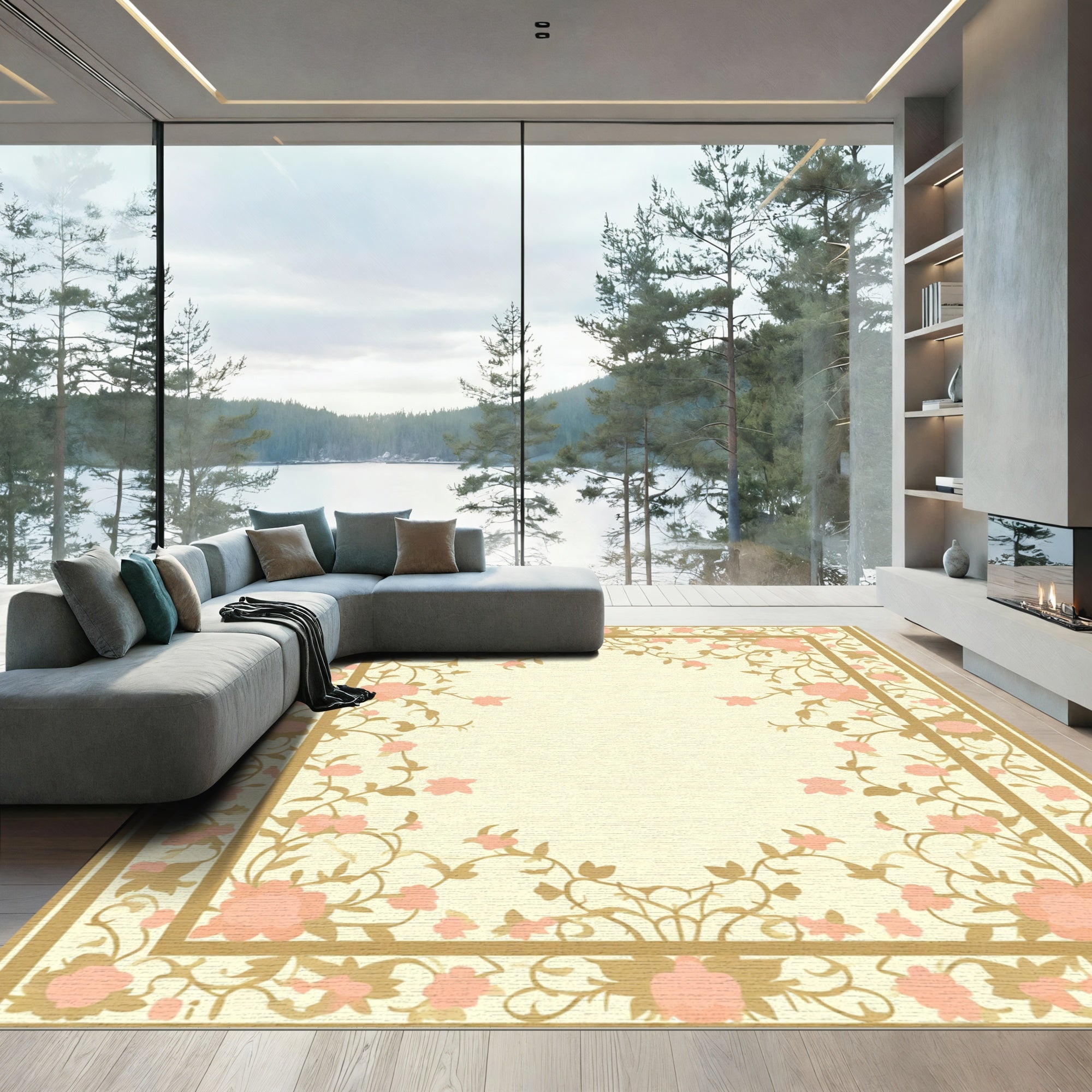 Peach Blossom Floral Vine Border Rug