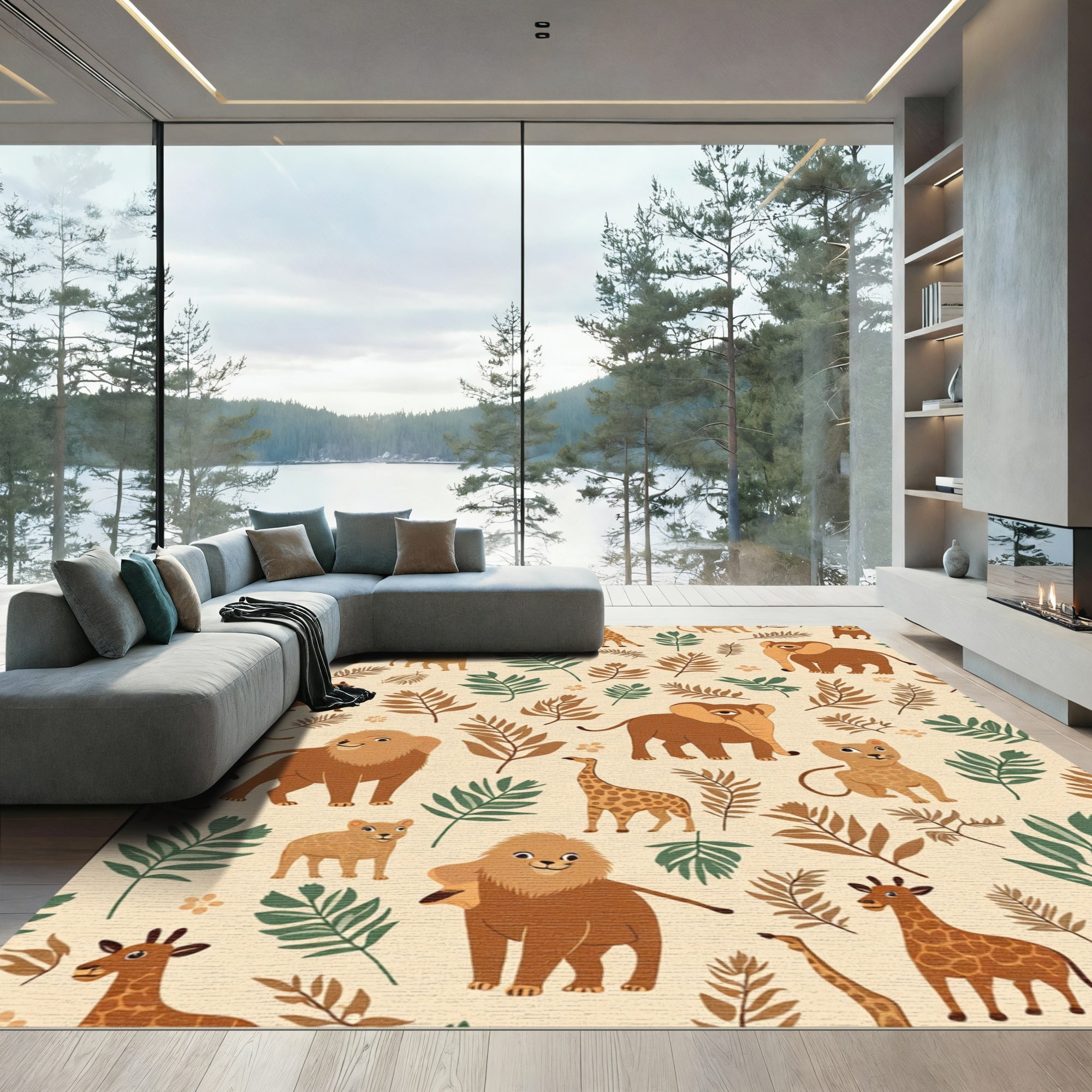 Safari Animals Foliage Autumn Palette Rug