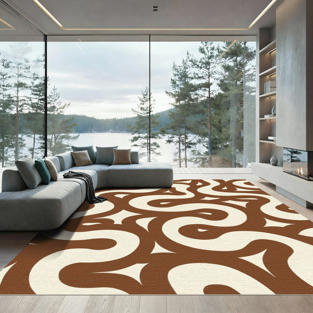Brown Cream Abstract Swirl Rug