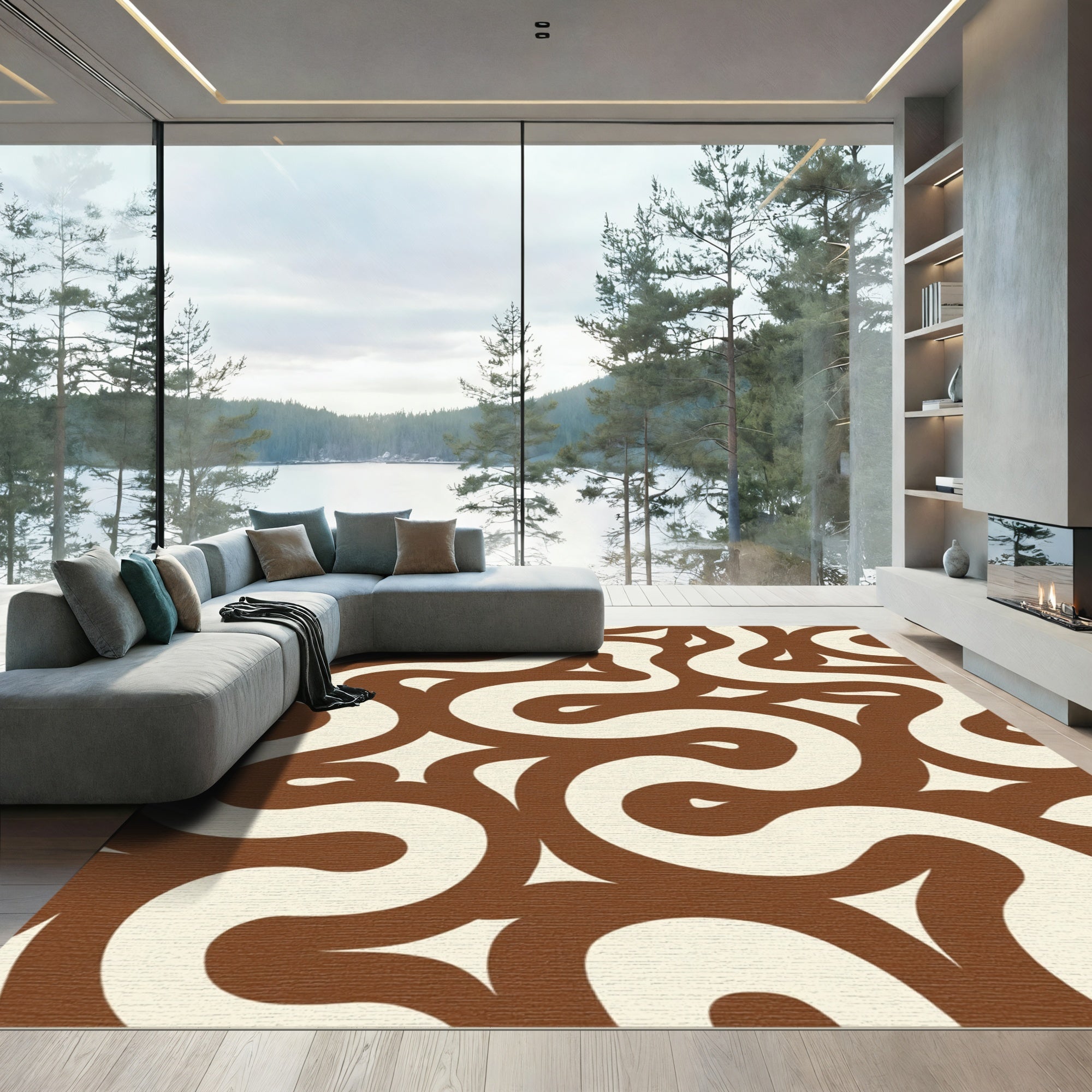 Brown Cream Abstract Swirl Rug