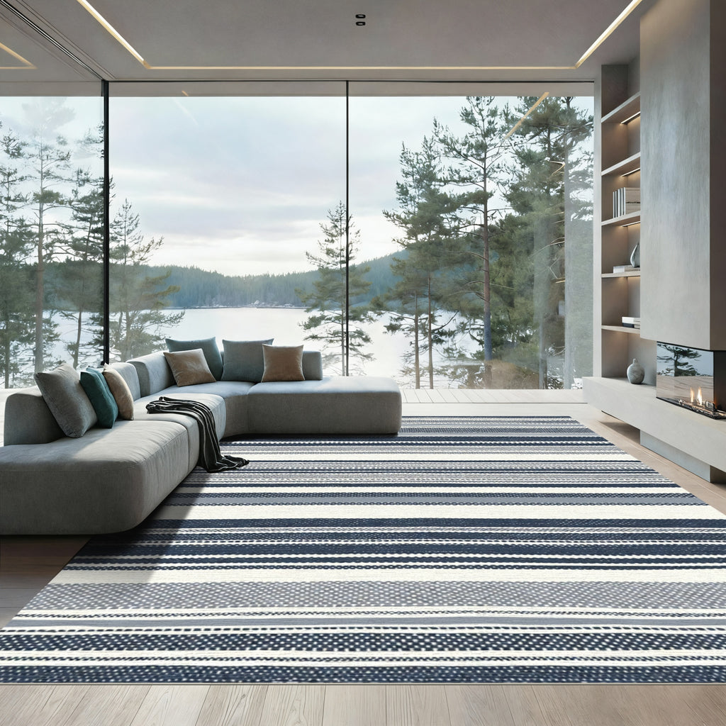 Navy White Contemporary Striped Rug