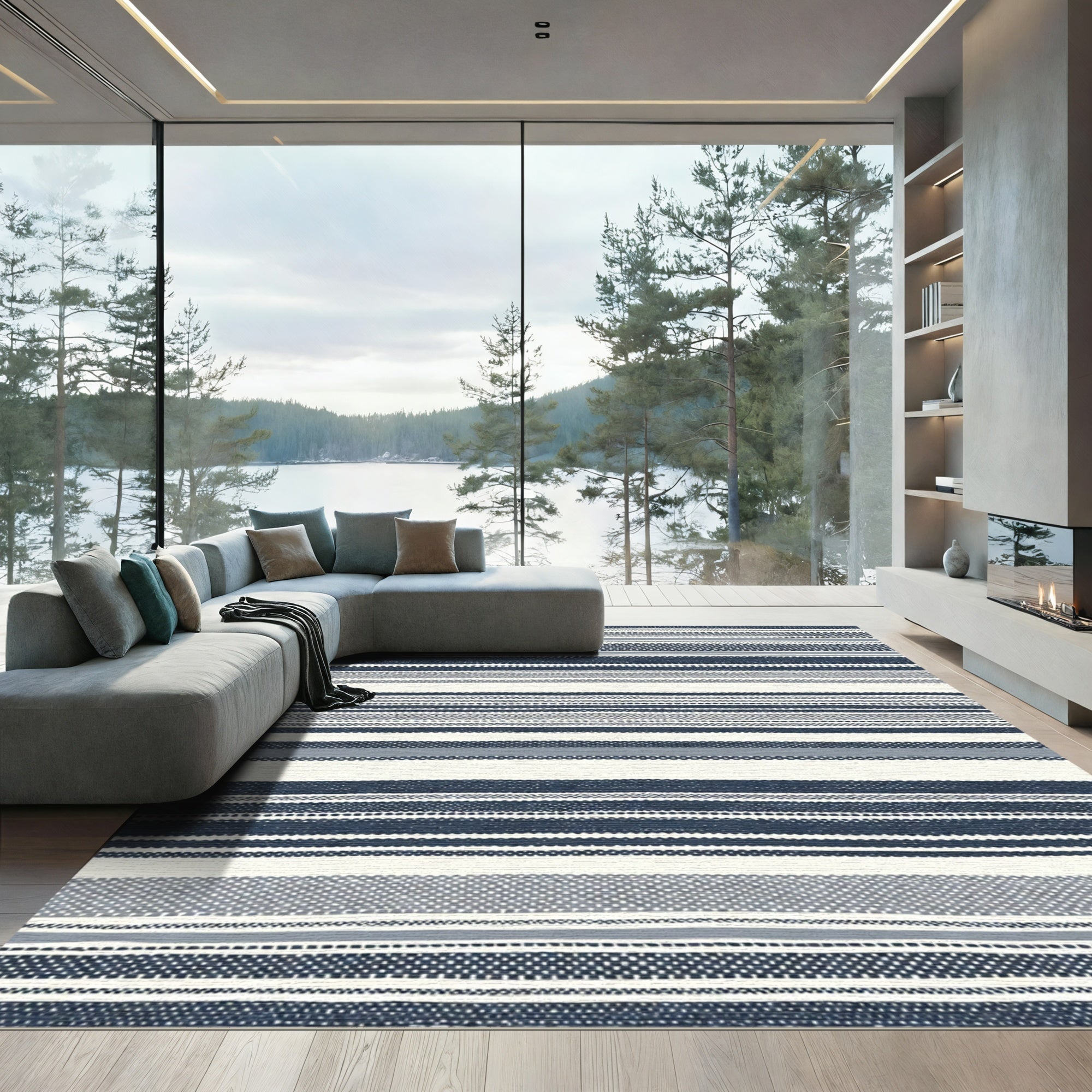 Navy White Contemporary Striped Rug