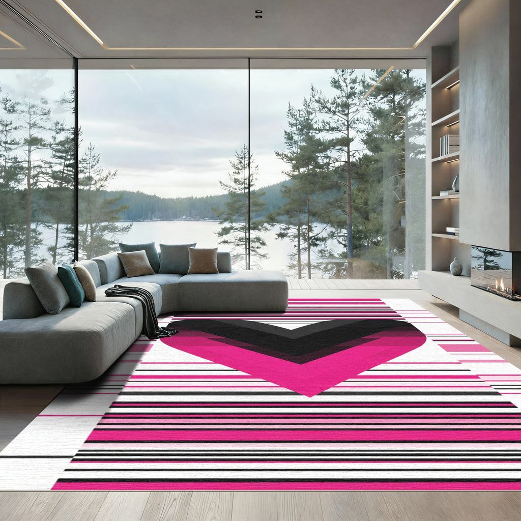 Pink Black Heart Striped Graphic Rug