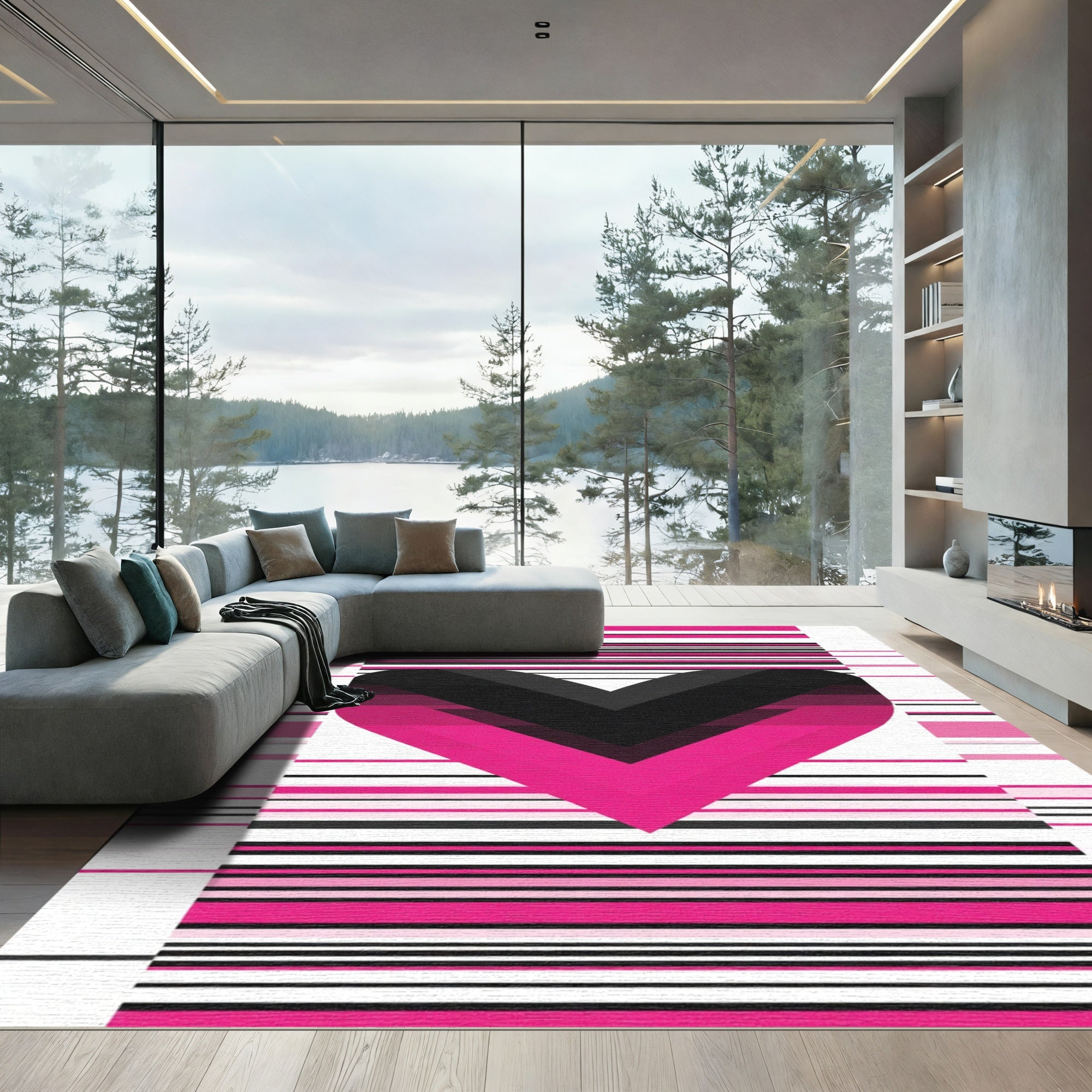 Pink Black Heart Striped Graphic Rug