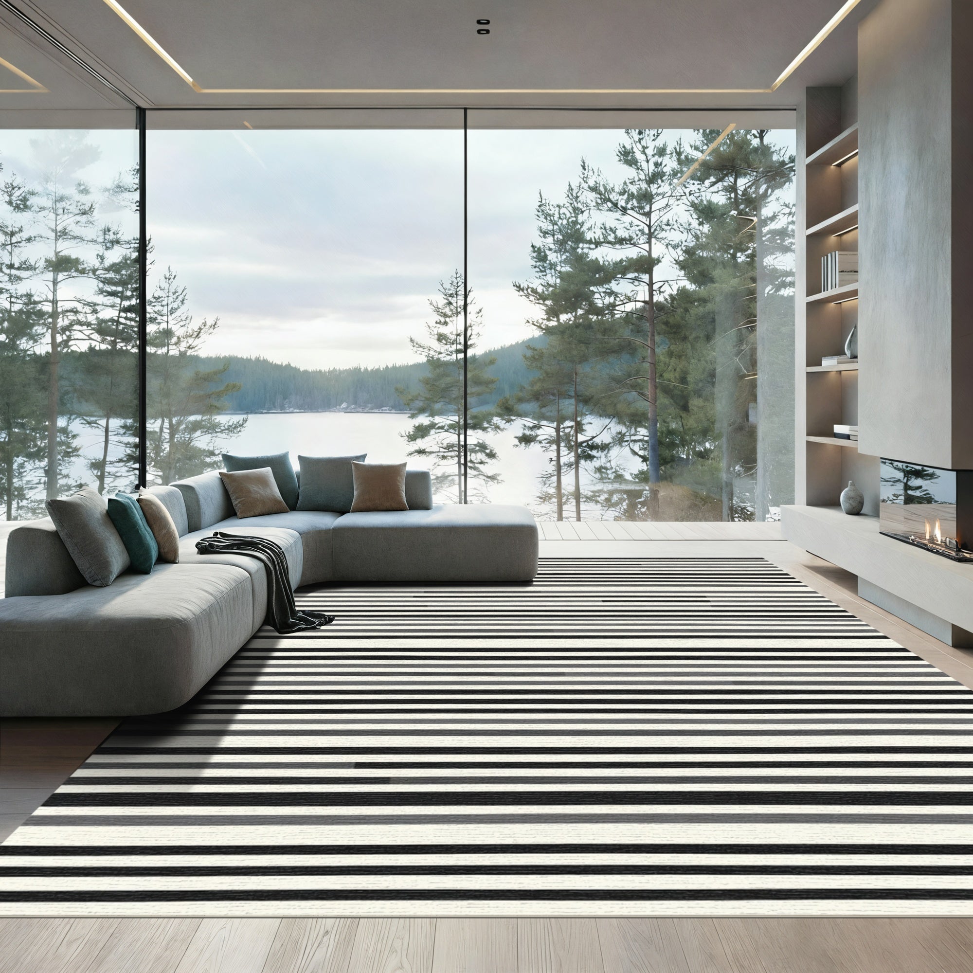 Modern Gray Black White Stripe Rug