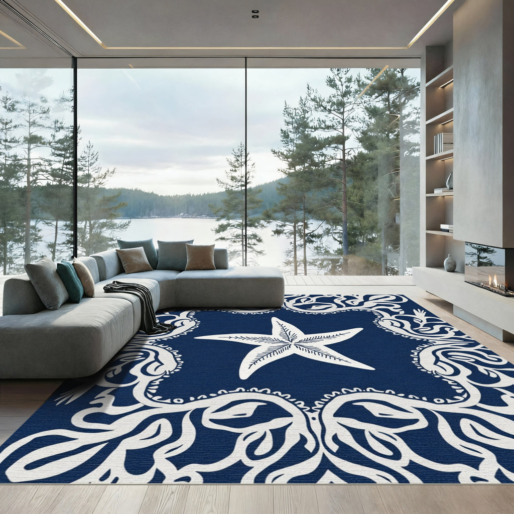 Navy Blue White Starfish Border Rug