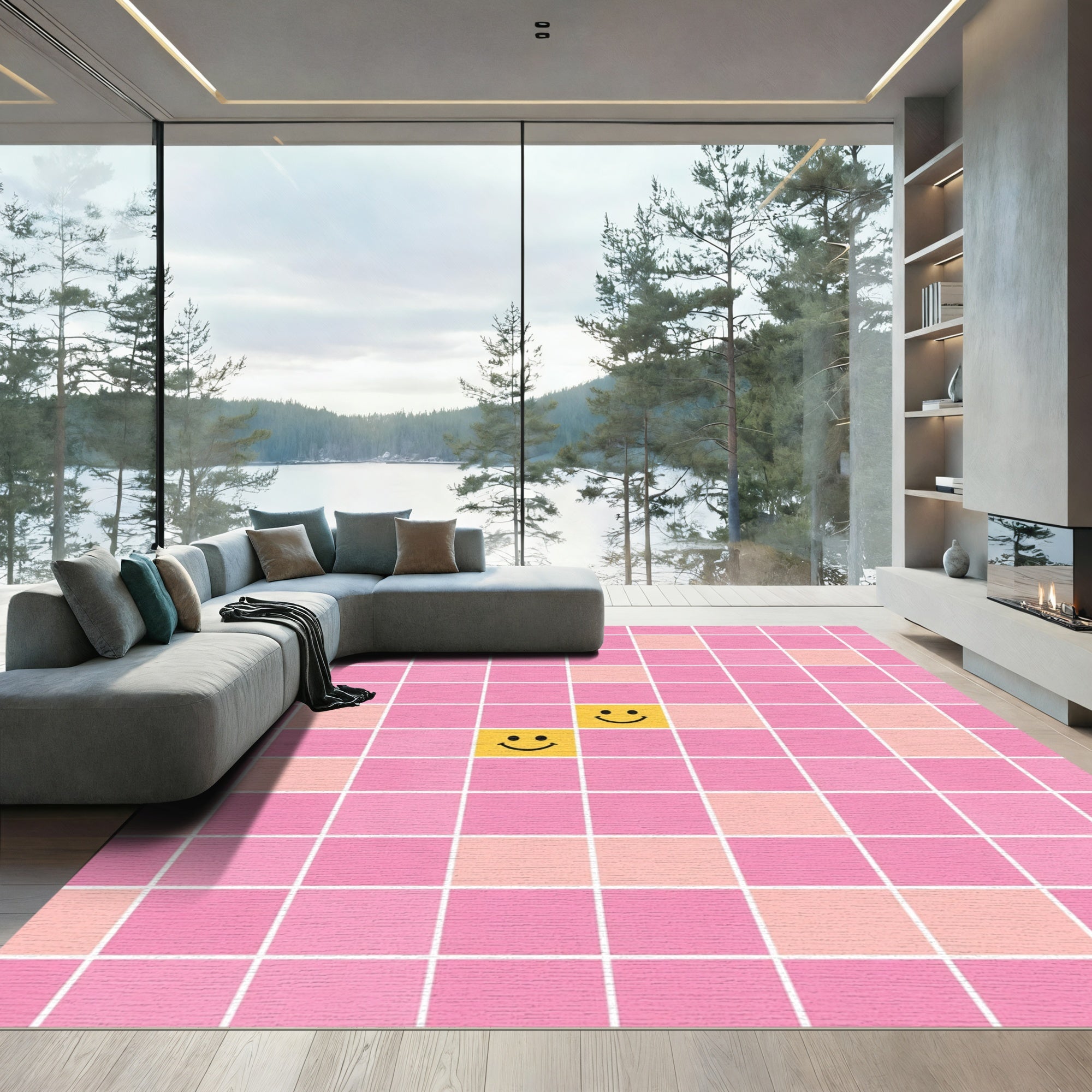 Playful Pink Grid Happy Face Rug