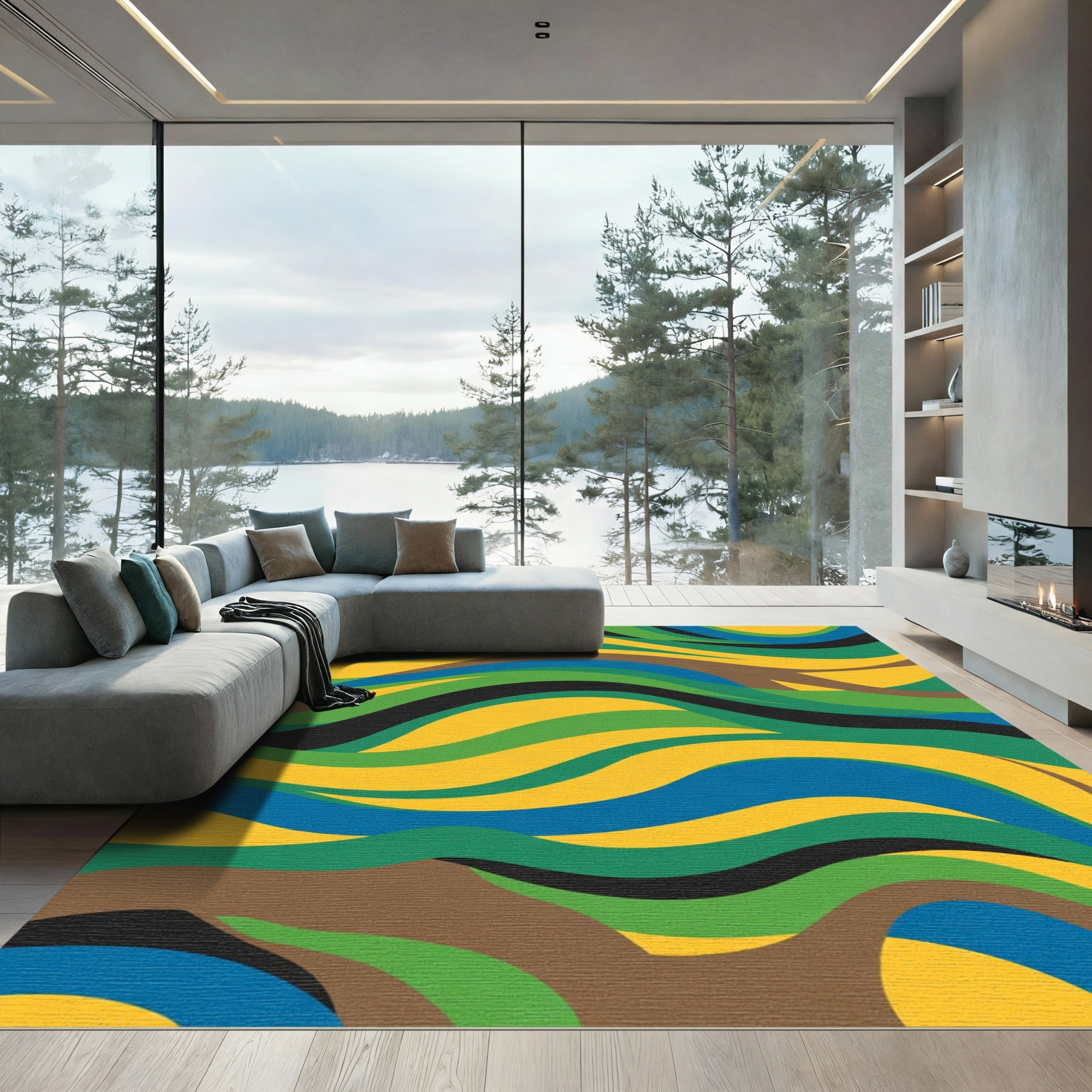 Abstract Wavy Stripe Yellow Blue Green Rug