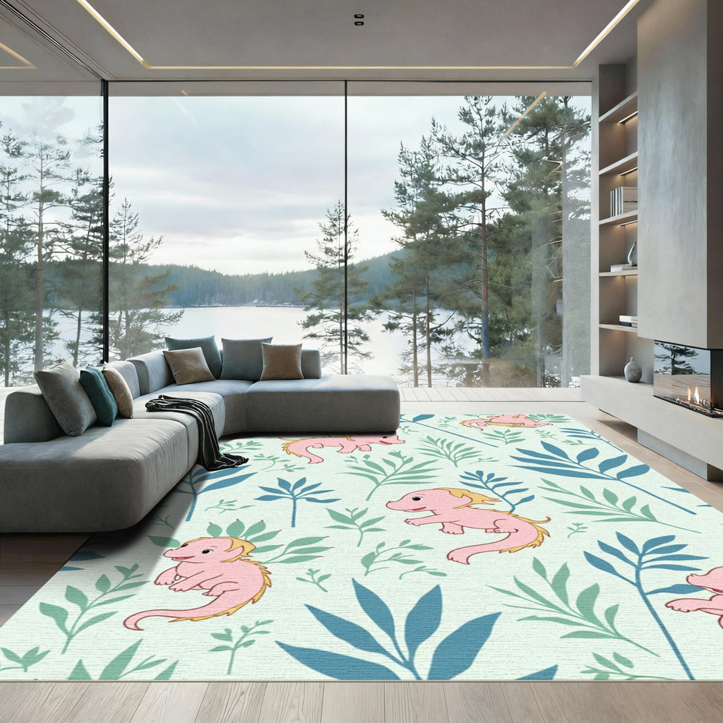 Playful Pink Dragons with Green Foliage Rug