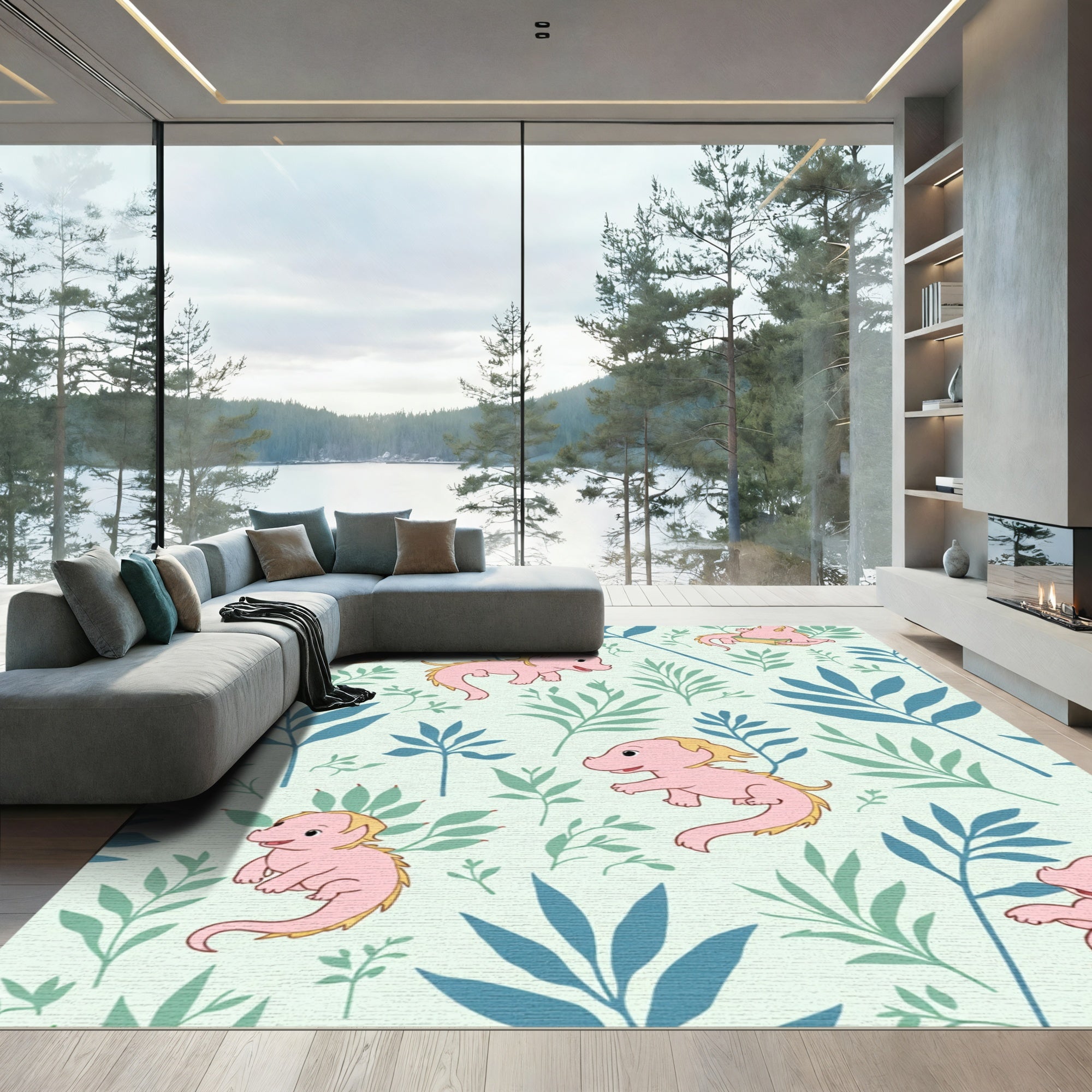 Playful Pink Dragons with Green Foliage Rug