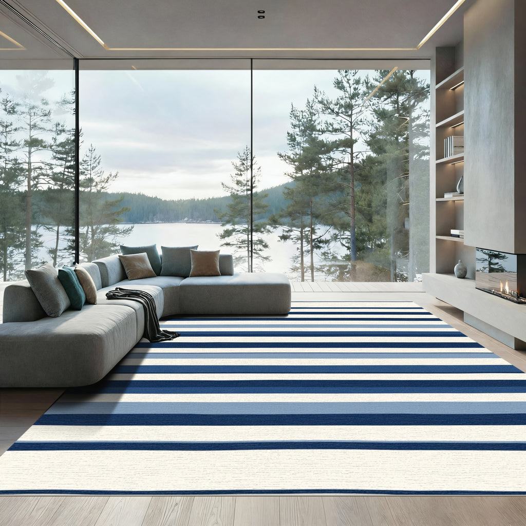 Navy Blue Cream Striped Contemporary Rug